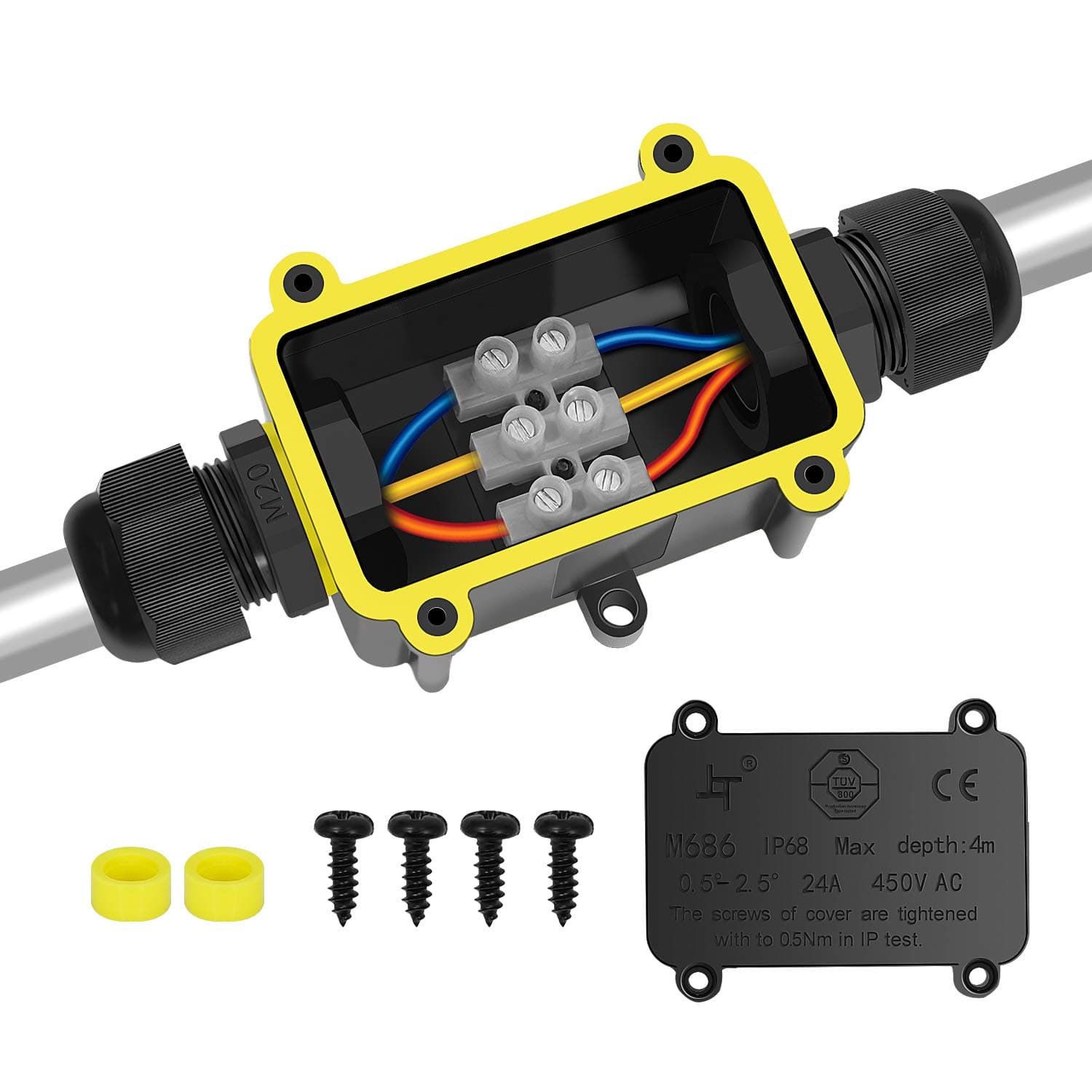 Waterproof Junction Box 2 Way Plug Line M20 Coaxial Cable Connector Wire Range Ø 0.19-0.47Inch（5 -12mm） Outdoor External Electric Power Cord Boxes