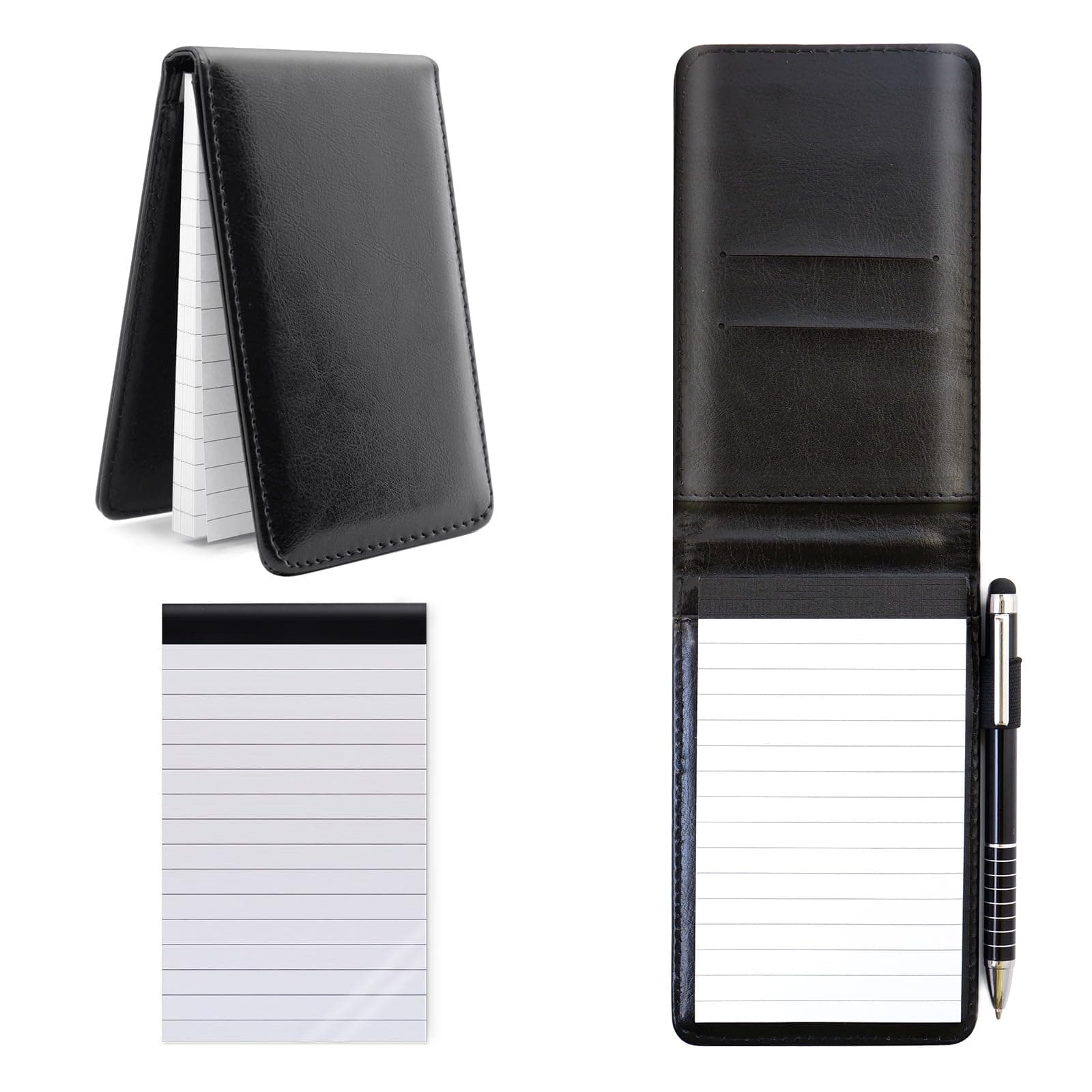 Mini Pocket Notebook A7 Holder Set 100 Page 88G PU Leather Notebook with 50 Lined Sheets and 1Pc Metal Pen Small Notepad for School Office Business Home Note Writing (black)
