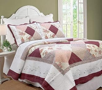 Cozy Line Home Fashions Floral Real Patchwork Burgundy Red Coral Pink Scalloped Edge Country 100% Cotton Quilt Bedding Set, Reversible Coverlet Bedspread (Georgia, King - 3 Piece)
