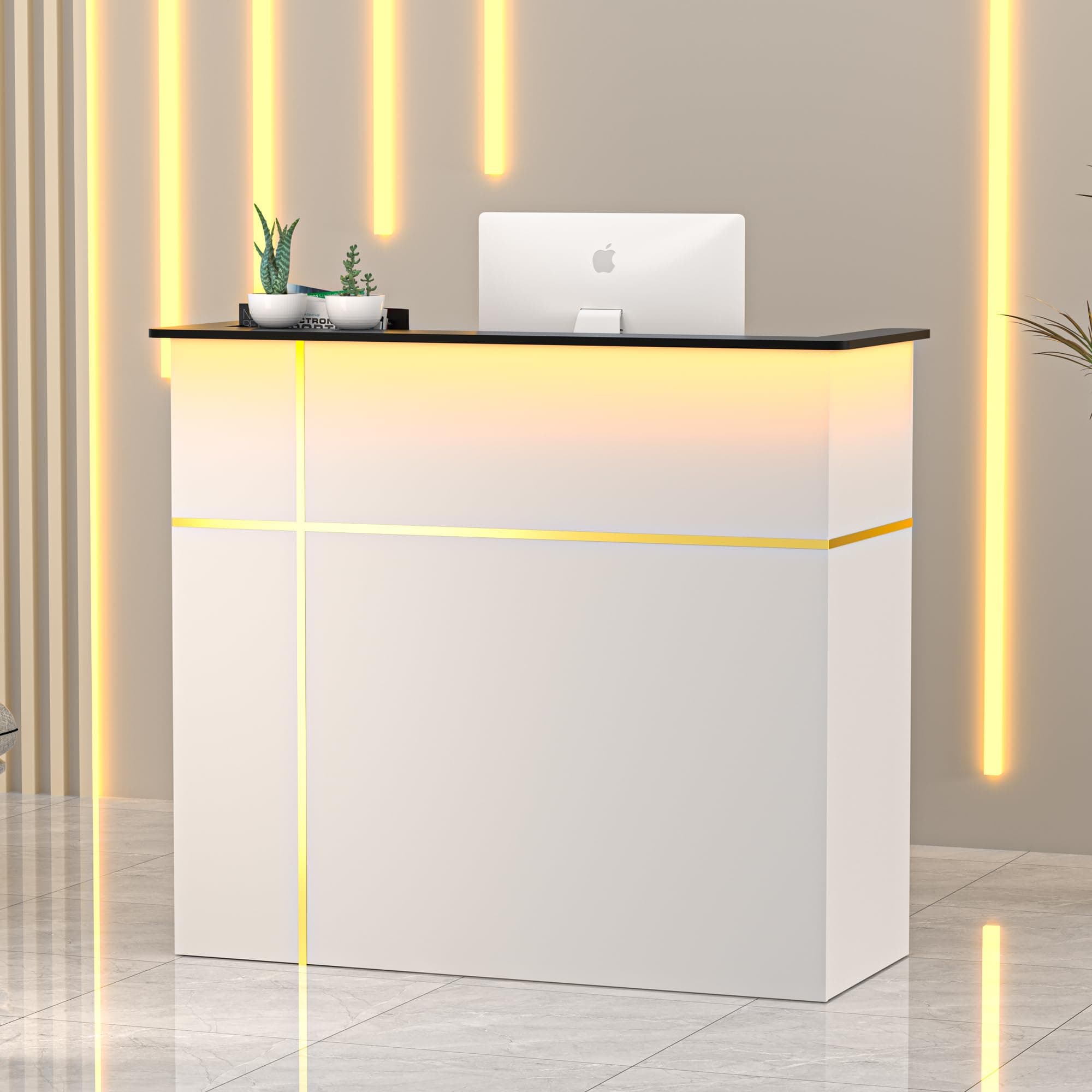 AHB Reception Desk with Counter, Modern Front Table Equipped Lockers & Storage Shelves, 50-inch Checkout Counter with LED Lights & DIY Stripe for Lobbies, Salons, Retail, Home Offices, Reception Room