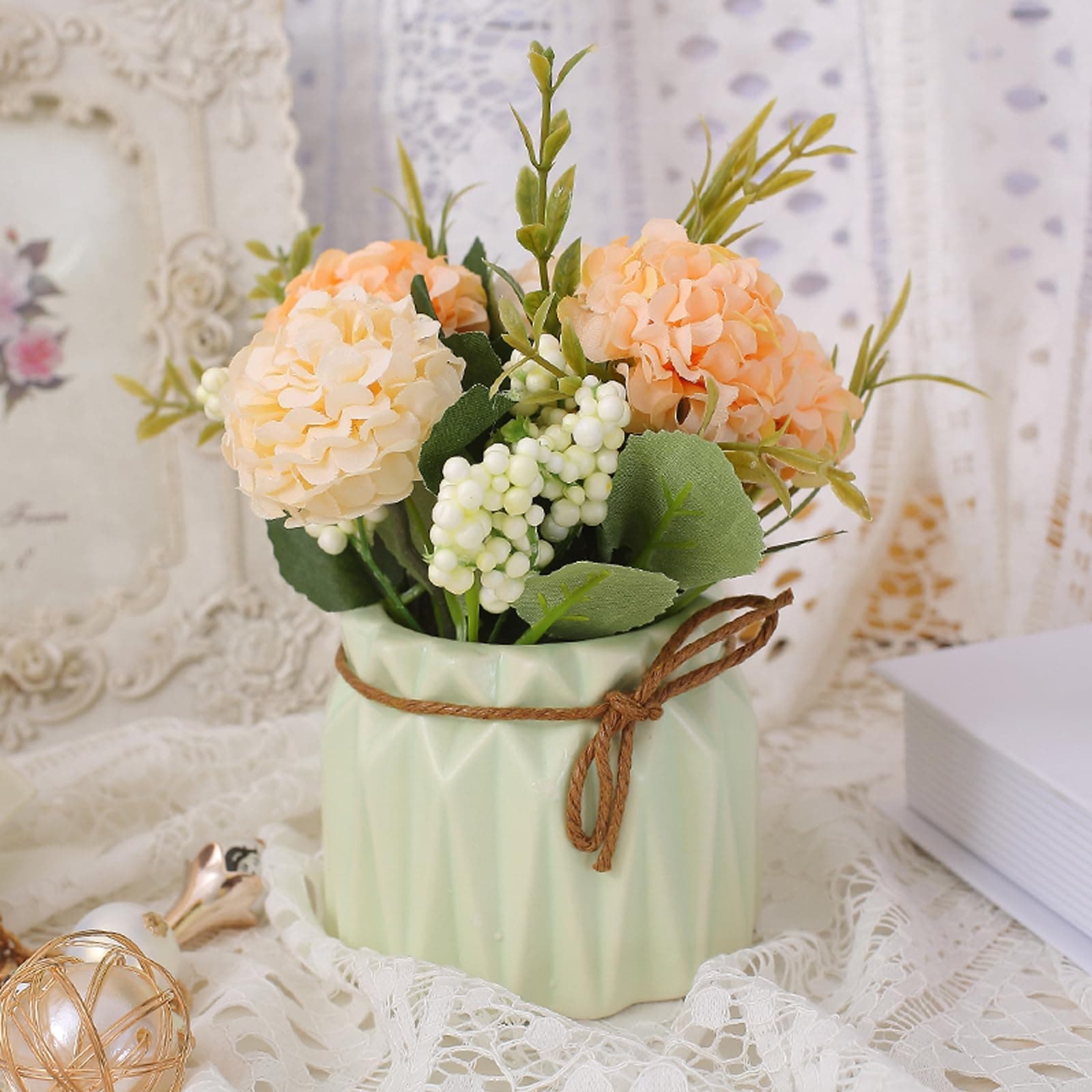 Artificial Hydrangeas with Pot, Mini Hydrangea Fake Flowers Artificial Plant in Ceramic Vase for Table Home Party Office Wedding Desktop Decorations (Green)