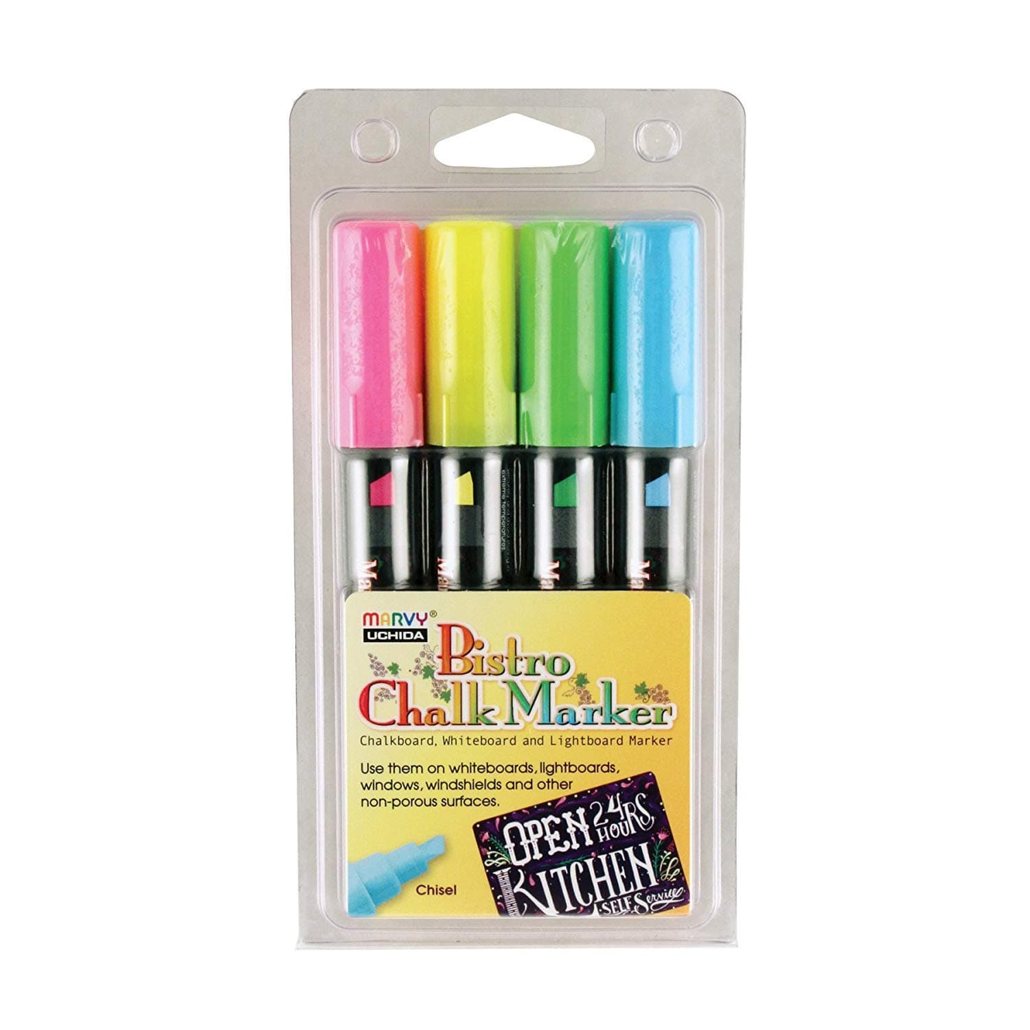 Uchida 483-4H Chisel Tip Bistro Chalk Marker Set, Fluorescent Colors by UCHIDA