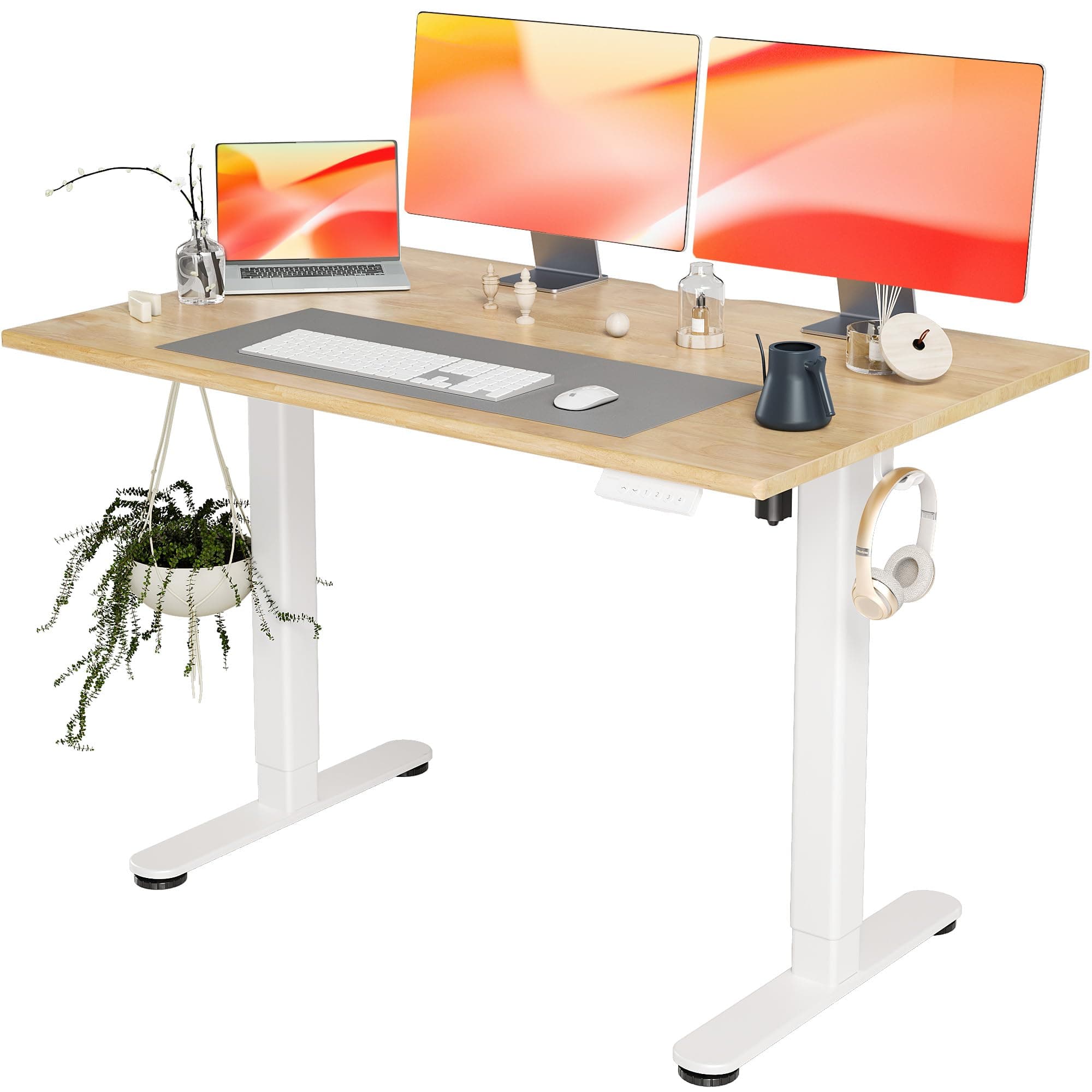 INNOVAR Solid Wood Electric Standing Desk, Adjustable Height Stand up Desk with Whole Piece Desktop, 120x60cm Sit Stand Home Office Desk, White Frame/Nature Top