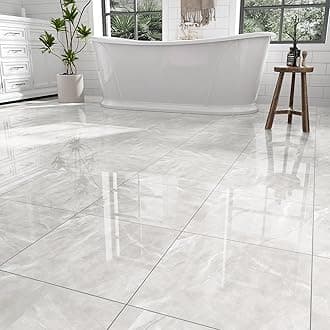 10-Pack Peel and Stick Floor Tiles Vinyl Floor 12 x 12 inch Self Adhesive Waterproof Glossy Flooring Planks DIY for Bathroom, Kitchen, Living Room, RV, Cover 10 Sq. Ft, Polish Light Grey Marble