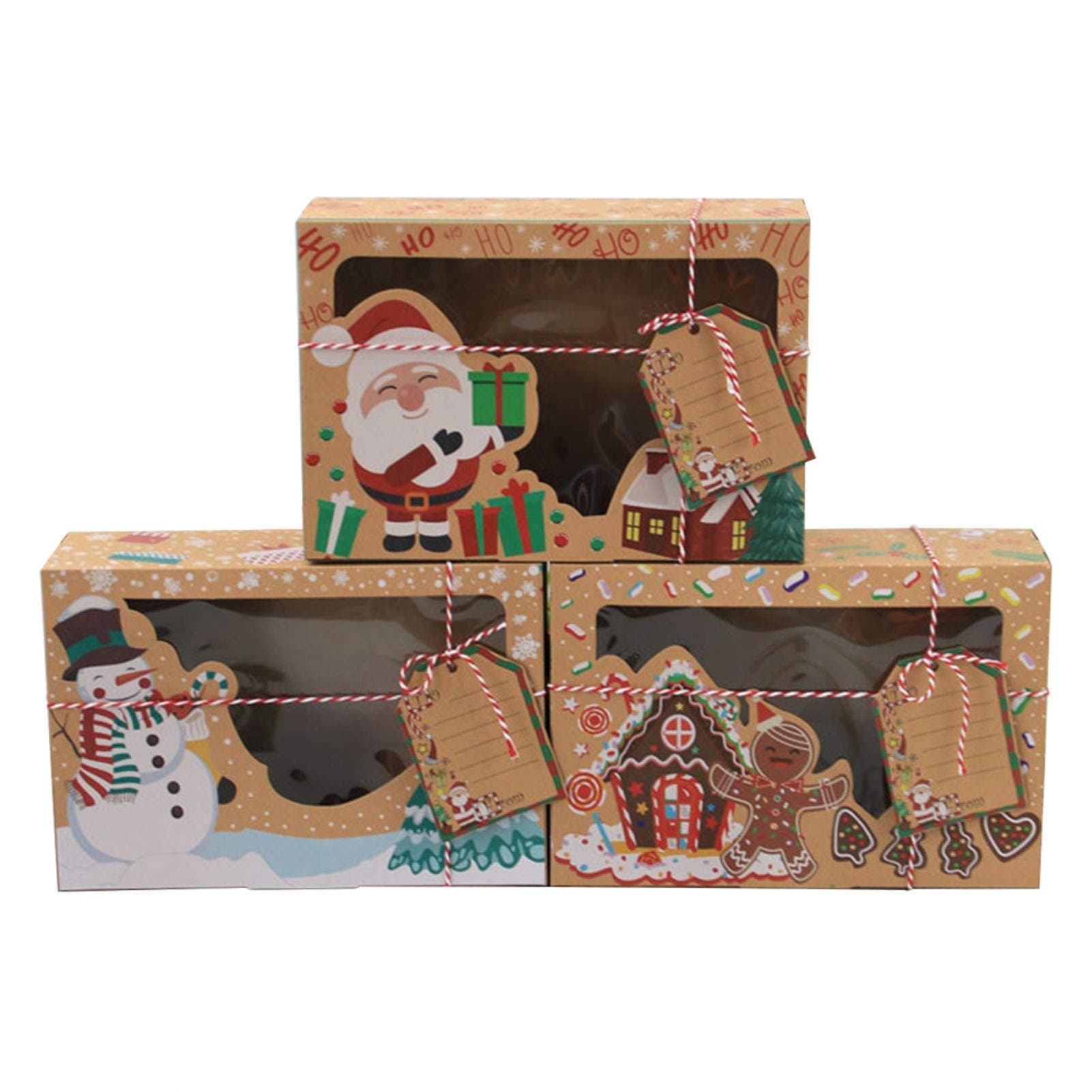 Christmas Cookie Boxes, 12 Pack Large Christmas Boxes Xmas Bakery Treat Boxes, Brown Paper Clear Window Candy Storage Case for Gift Giving Packaging, Bakery Food Container(Brown)