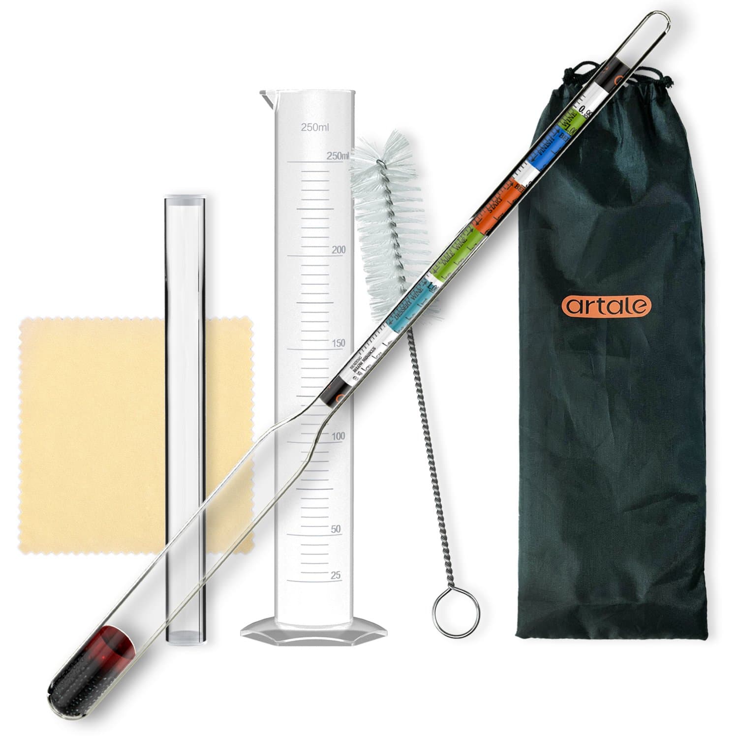 artale Triple Scale Alcohol Hydrometer Test Kit for Home Brew Beer, Wine, Mead, Cider with Specific Gravity Test Kit, 250ml Plastic Test Jar, Cleaning Brush/Cloth/Storage Bag - ABV, Brix and Gravity