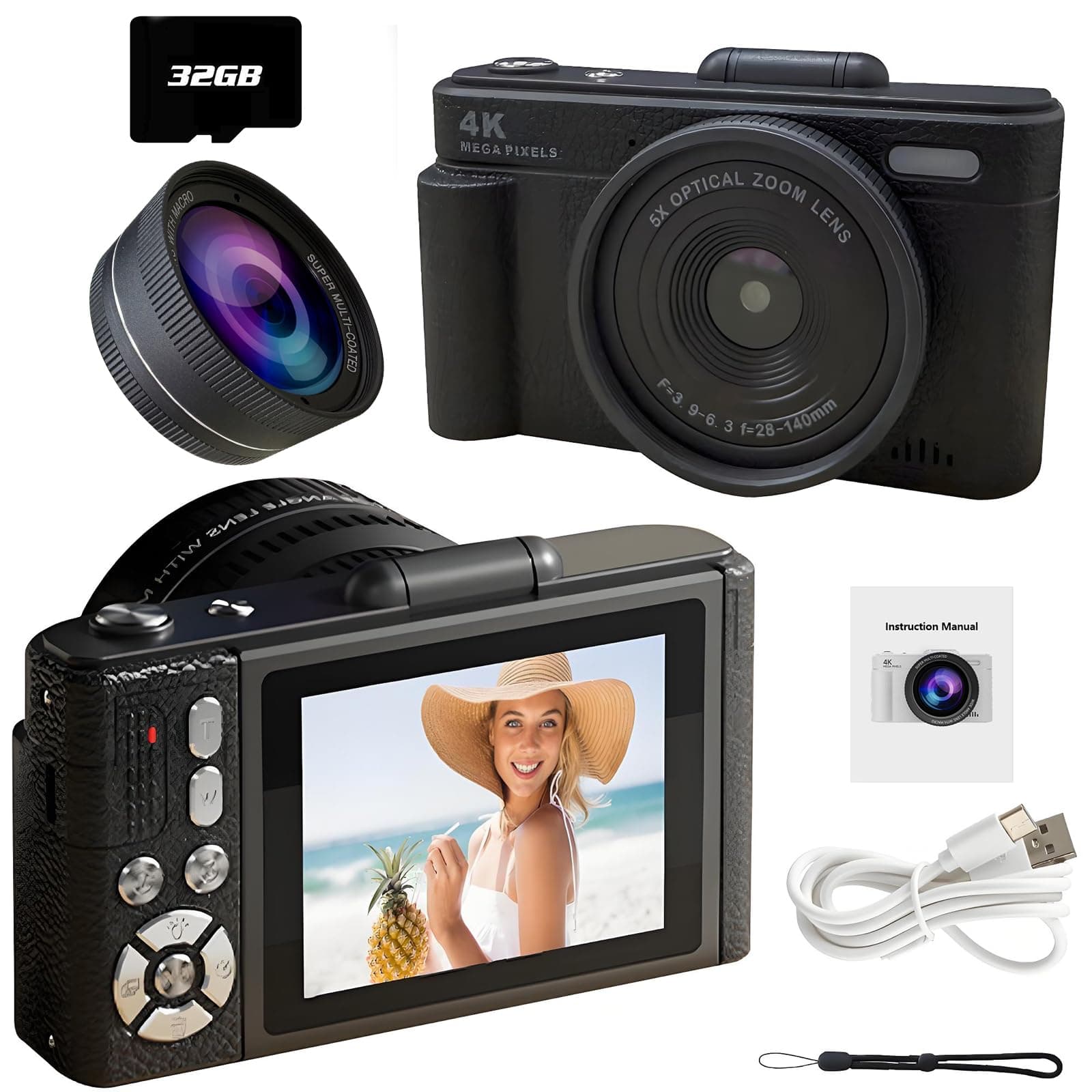 4K Digital Camera for Photography & Vlogging Includes Large Lens, 32G SD Card, 64MP AF Auto Focus, 18X Zoom, 180° Flip Screen with Mirror (Black)