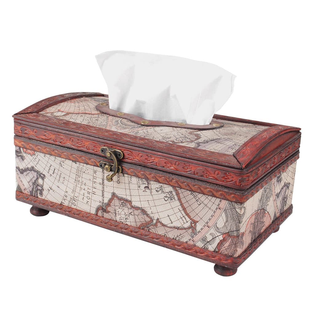 Rectangle Tissue Box Cover, World Map Wood Tissue Box Holder, Large Handmade Decorative Tissue Dispenser
