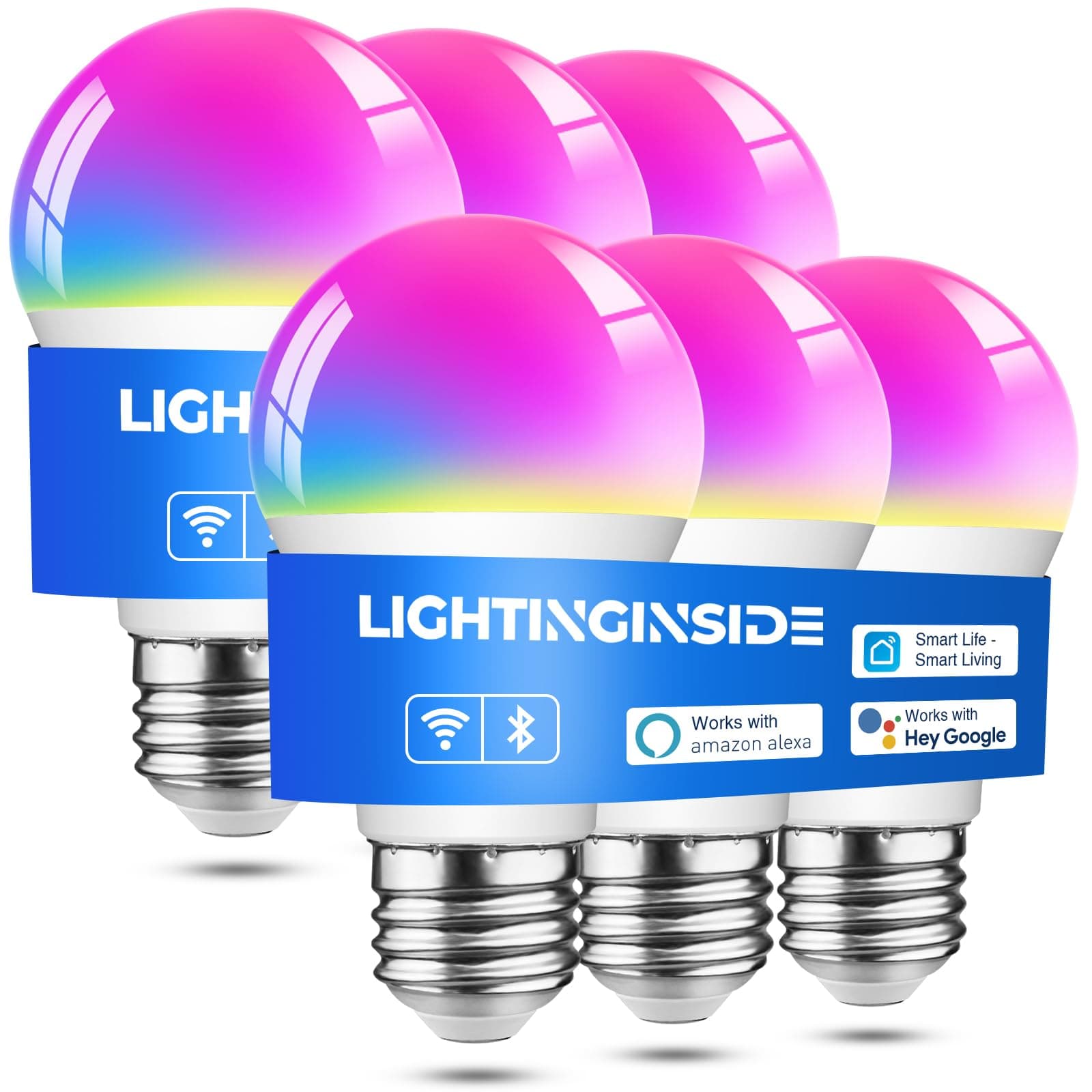 Lightinginside Smart Light Bulbs 6 Pack, Smart Bulb Works with Alexa/Google Home/SmartLife, CRI>90, RGBCW Color Changing LED Light Bulbs, 2.4G WiFi Bluetooth A19 E26 Bulb, No Hub Required, ETL Listed