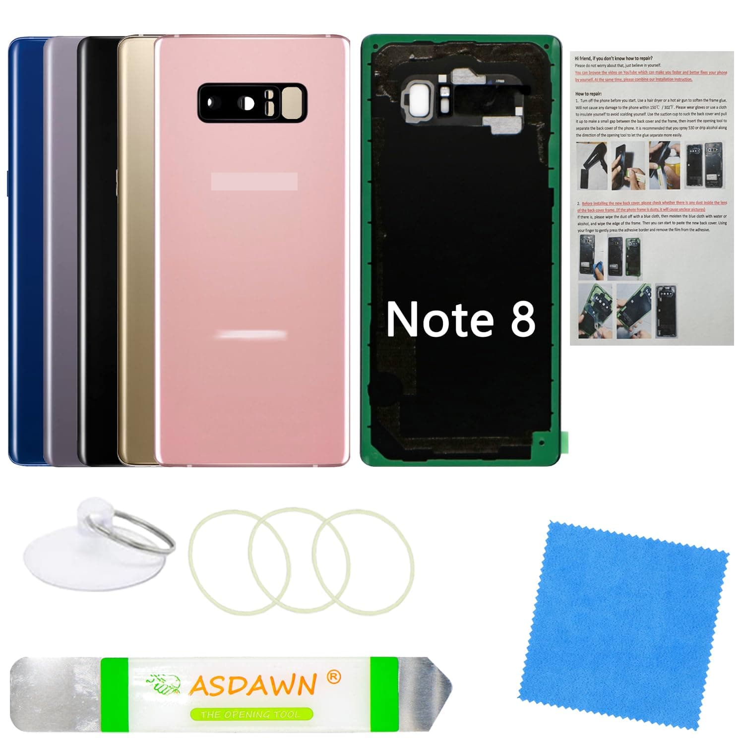 Galaxy Note 8 Rear Glass Replacement Back Cover with Pre-Installed Camera Lens + Installation Manual + Repair Tool Kit for Samsung Galaxy Note 8 SM-N950 All Carriers (Star Pink)