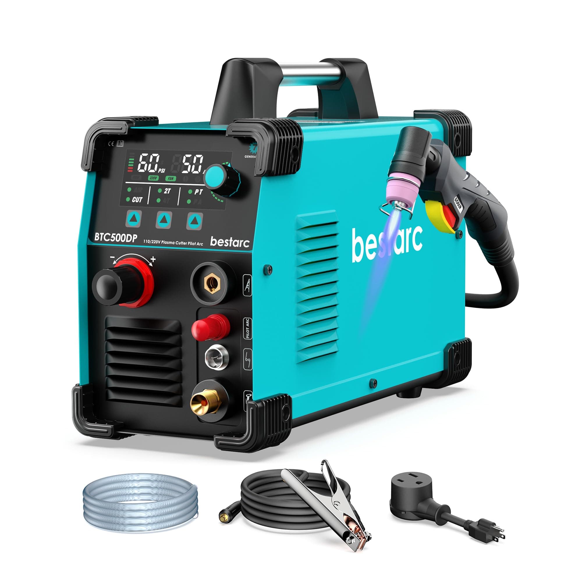 Plasma Cutter, Pilot Arc BTC500DP 7th Generation 50Amps Screen Display Dual Voltage 110/220V Digital Plasma Cutting Machine (BTC500DP 7Gen 110/220V)