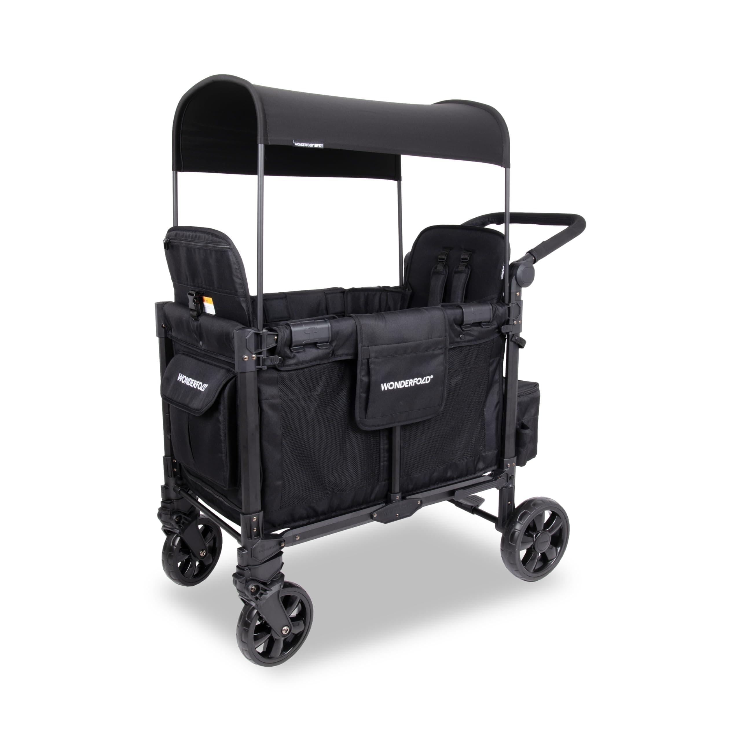 W2 Elite Pro Stroller Wagon (2 Seater) - Collapsible Wagon Stroller with Seats with 5-Point Harnesses, Adjustable Push Handle, and Adjustable Sun Canopy, Jet Black