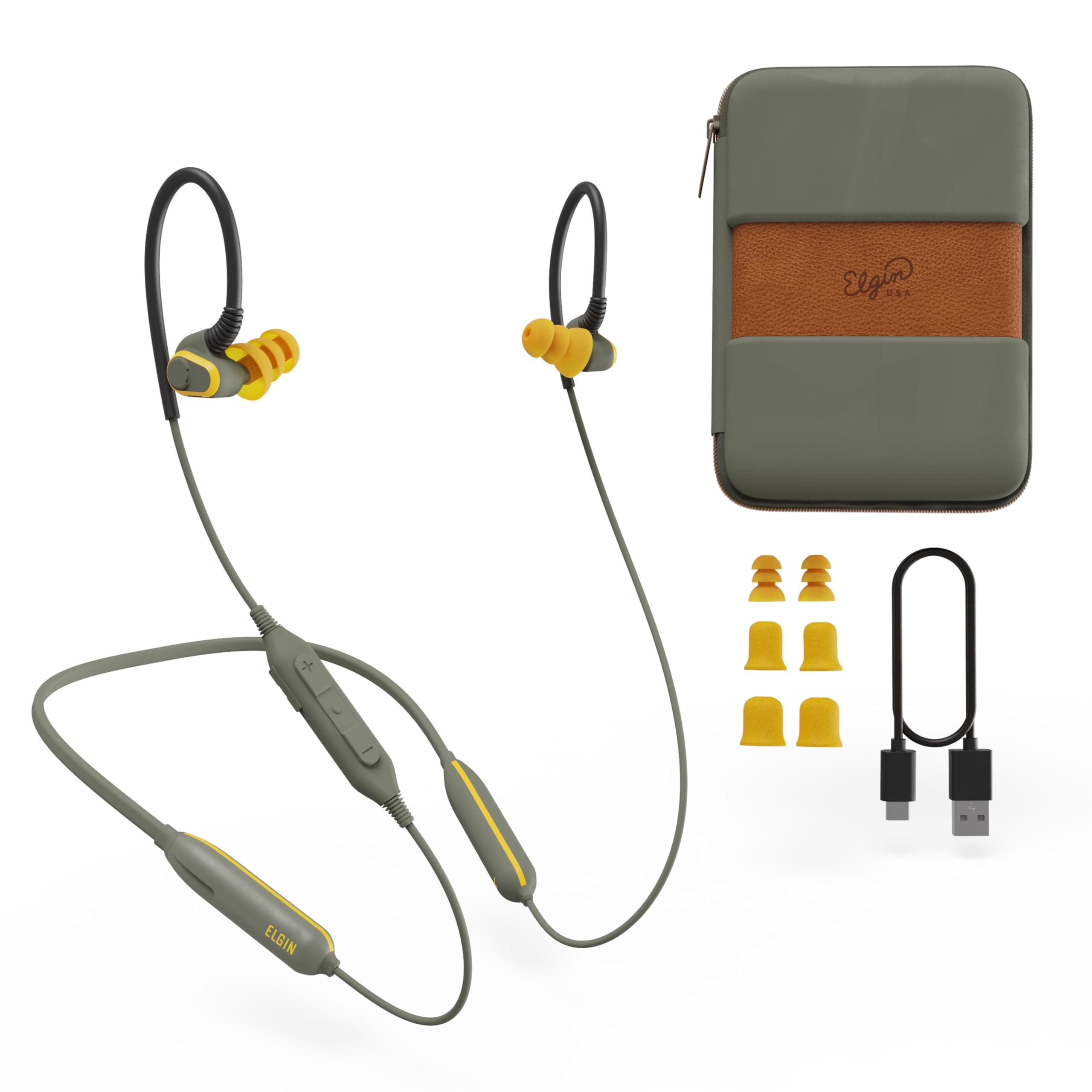 - Elgin Rumble Bluetooth Earplug Earbuds, 27 dB Noise Reduction Wireless Headphones with Noise Cancelling Mic, 20 Hour Battery Life, IP67 Waterproof, OSHA Compliant Hearing Protection for Work