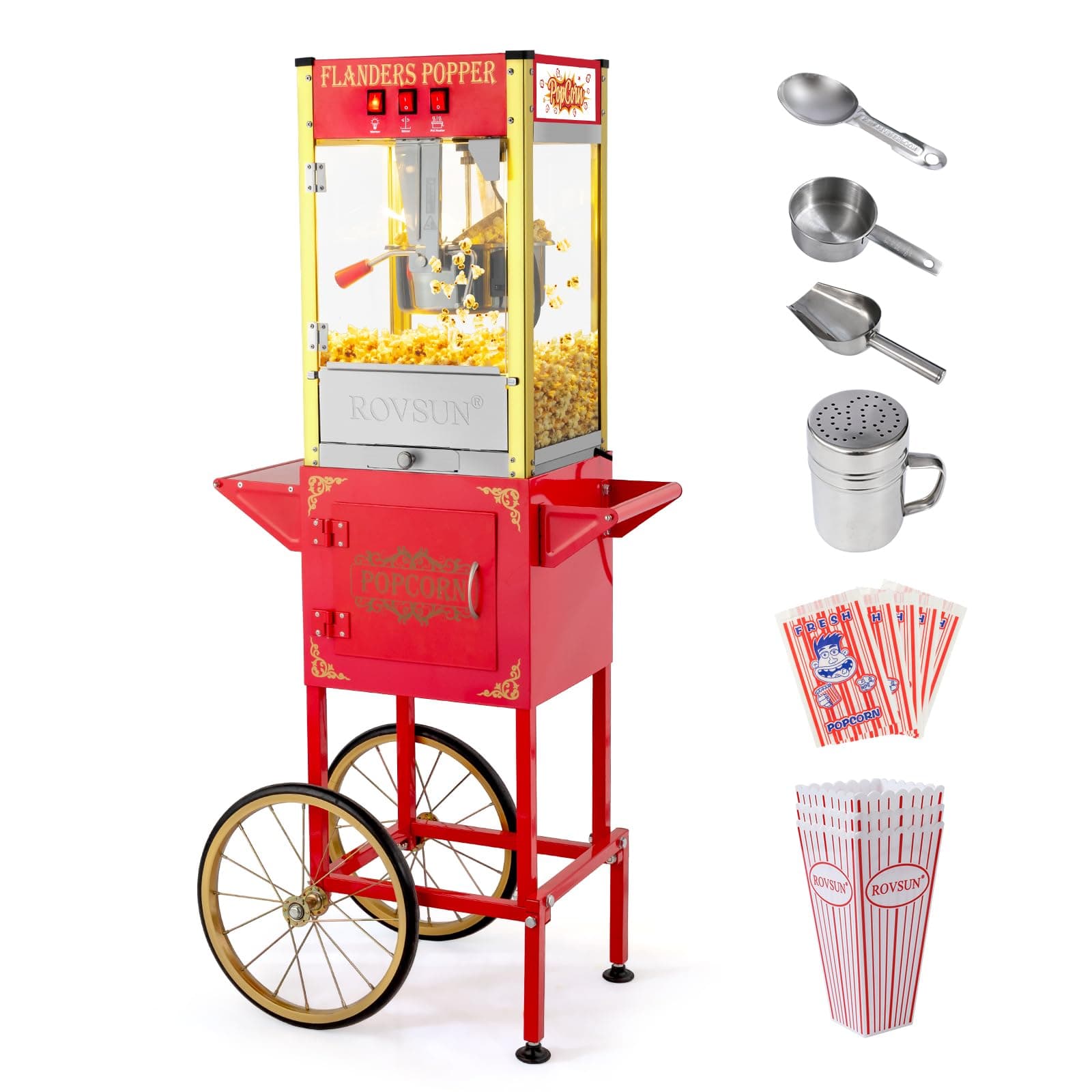 ROVSUN Popcorn Machine with Cart & 8 Oz Kettle Makes Up to 32 Cups ETL Certified, Vintage Popcorn Maker with Stainless Steel Scoop, Oil Spoon & 3 Popcorn Cups for Commercial Home Movie Theater, Red