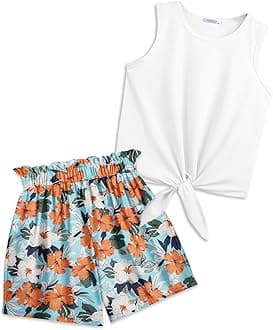 Arshiner Girl's 2 Piece Outfits Tie Knot Tank Top and Paperbag Waist Pocketed Summer Short Sets