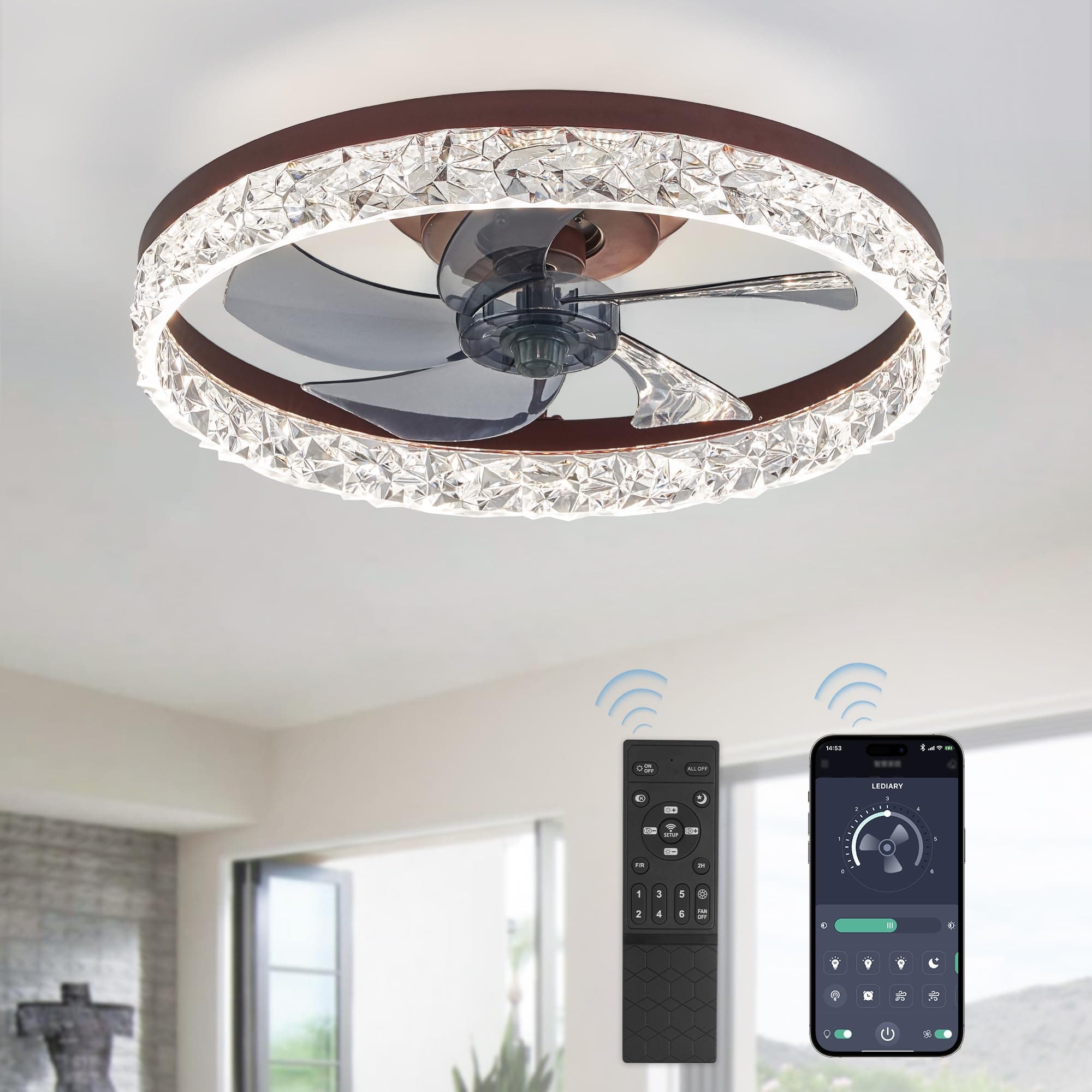 LEDIARY - 20 inch modern ceiling fans with lights and remote control, low profile adjustable ceiling fan, recessed ceiling fan, continuous change