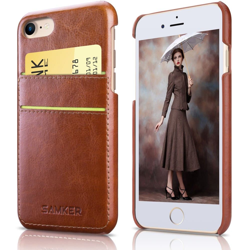 iPhone 7 Case,SAMKER Card Pocket Back Cover [Ultra Slim] Hybrid [PU Leather & Hard PC] Advanced Shock Absorption Protective Vintage Wallet Case with 2 Card Slots Holder for iPhone 7 - 4.7 Inch (Brown)