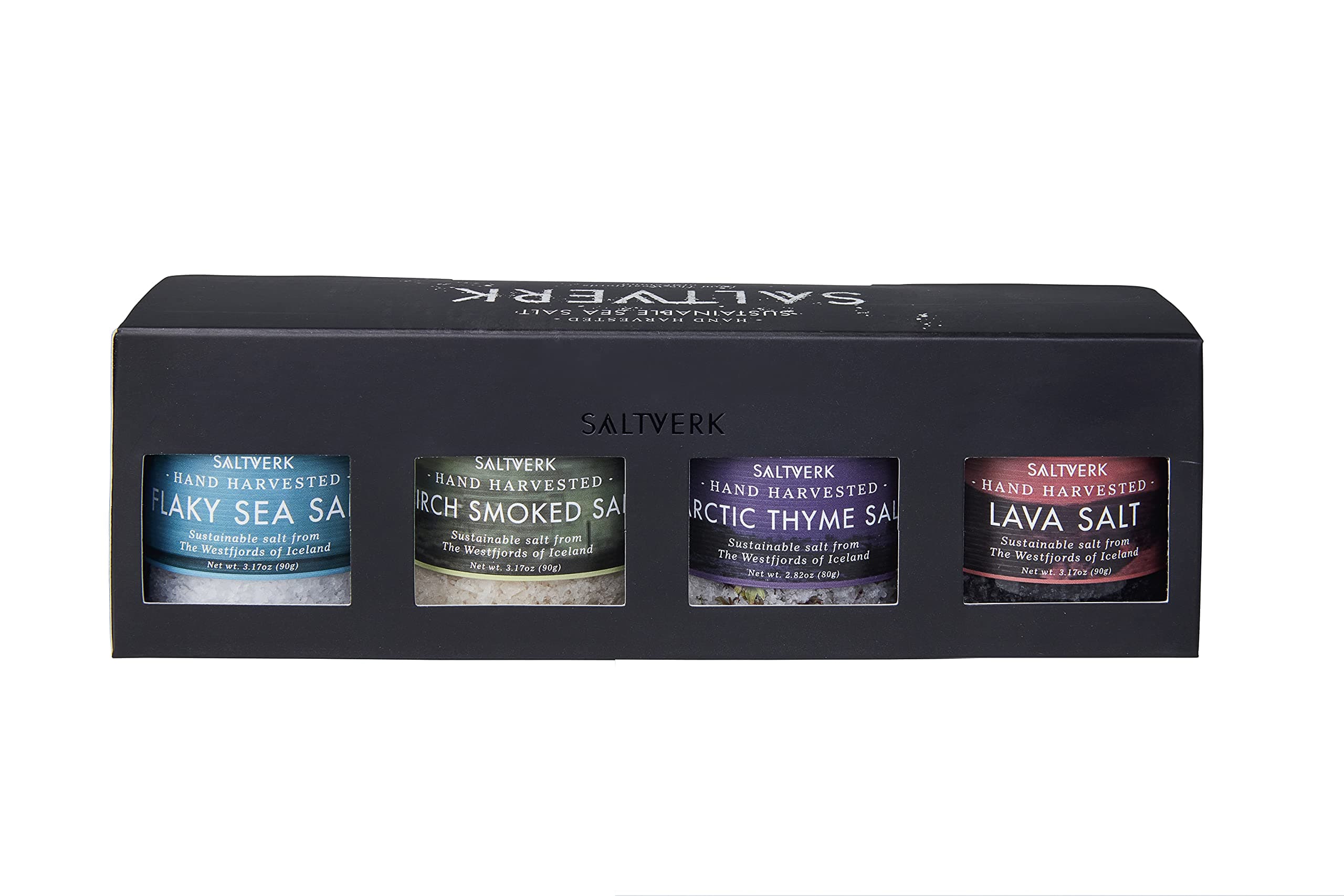 Saltverk Salt Gift Set - Includes 4 Jars - Flaky, Lava , Birch Smoked, Arctic Thyme Sea Salts- Gourmet, Icelandic, Hand Harvested and Sustainably Made - 12.33 Oz Total