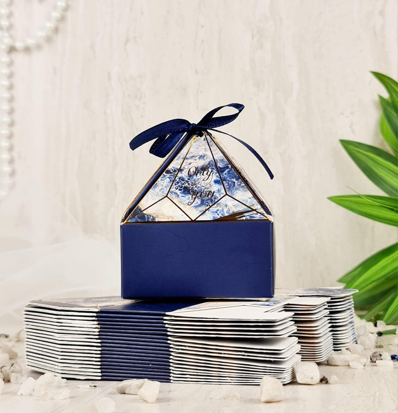 SATYAM KRAFT 20 Pcs Small Diamond Shape Folding Gift Boxes for Gifting | Empty Hamper Boxes for Wedding Return Gift, Pooja gifts, Baby Shower, Birthday | Chocolate & Dry Fruit Packaging (Blue, With Ribbon)