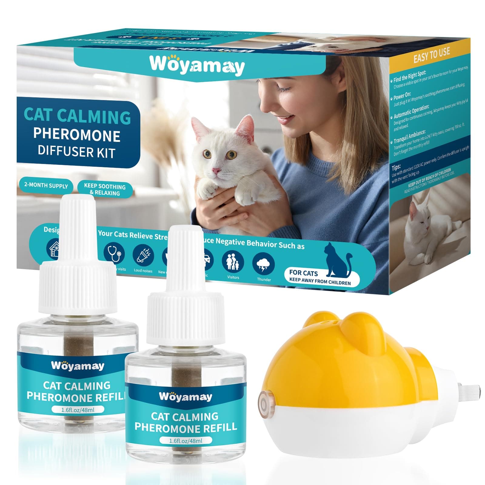 Woyamay Cat Calming Diffuser - Cat Pheromones Calming Diffuser for Cat Anxiety Relief 3-in-1 Cat Pheromone Diffuser Kit with 1 Diffuser + 2 Refill 48ml Vial - 60 Days Pheromone Diffuser to Calm Cats