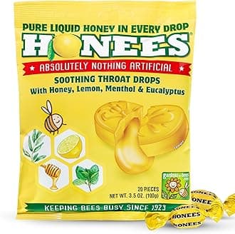 Honees Filled Honey Lemon Cough Drops- Filled with Honey, Menthol, Lemon and Eucalyptus - Nothing Artificial -Natural Sore Throat Lozenges- Non-GMO (1 Pack – 20 Drops)