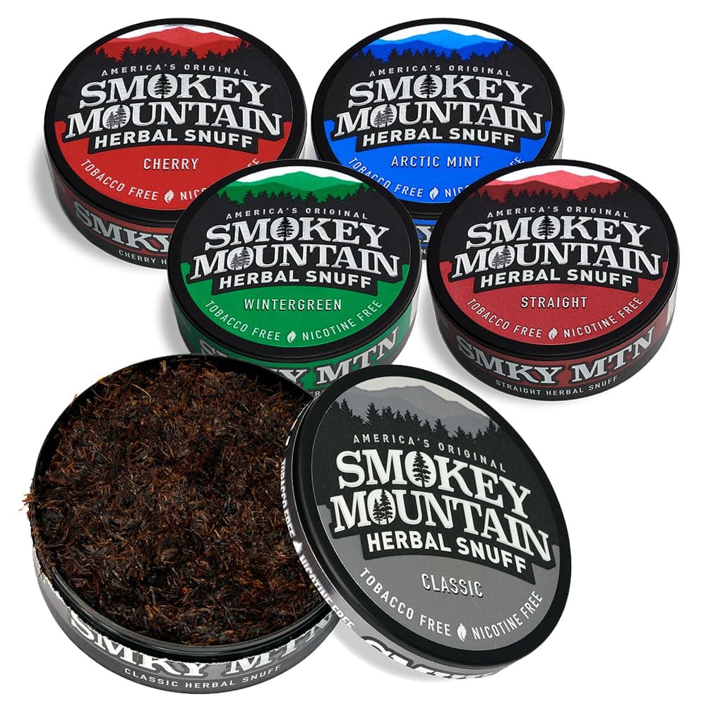 Smokey Mountain Herbal Long Cut – 5 Can Sampler Box - Straight, Classic, Wintergreen, Arctic Mint & Cherry - Tobacco Free and Nicotine Free Snuff