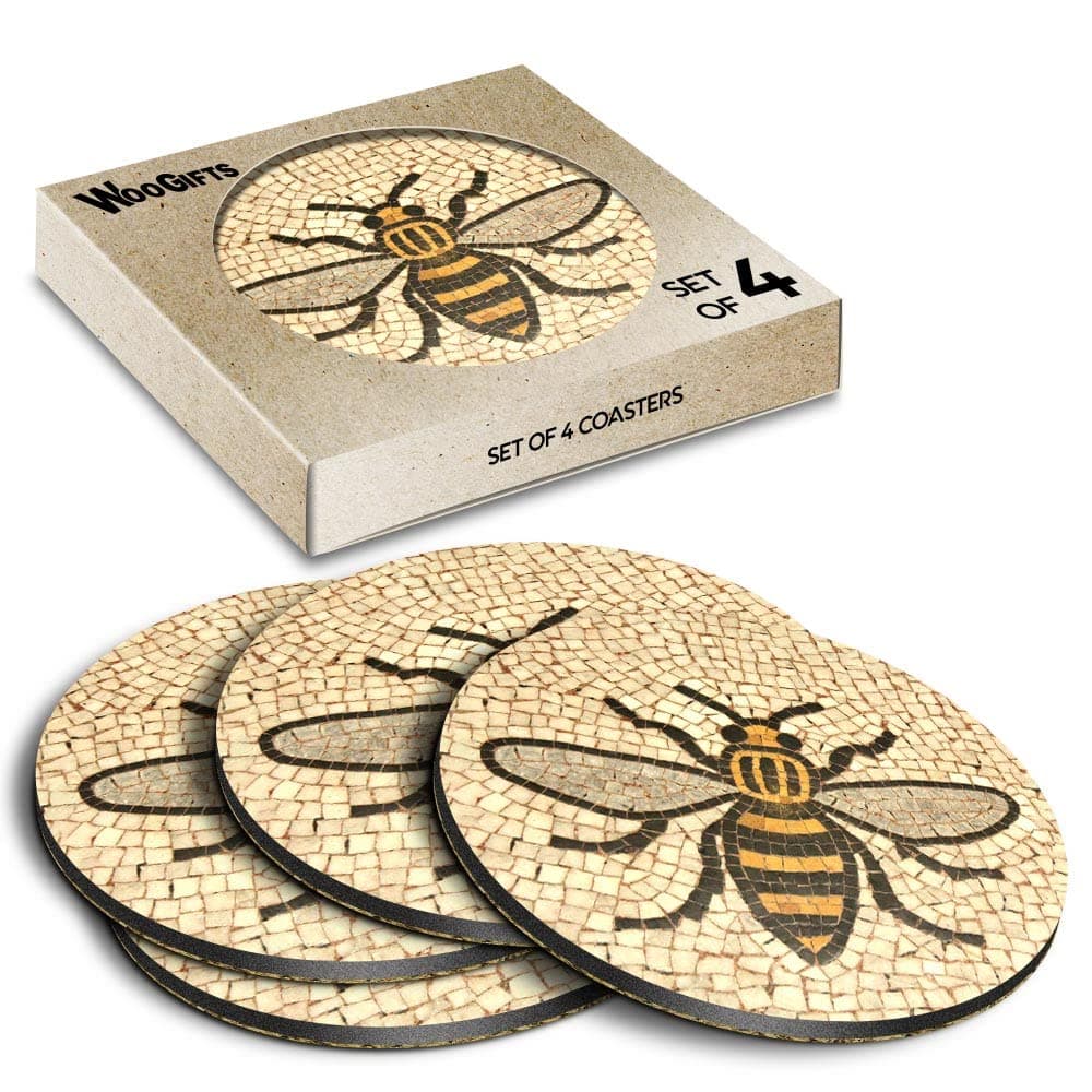 4 x Round Coasters - Manchester Bee Mosaic Pattern Cork Backed MDF Glossy Tea Coffee Accessory #51408