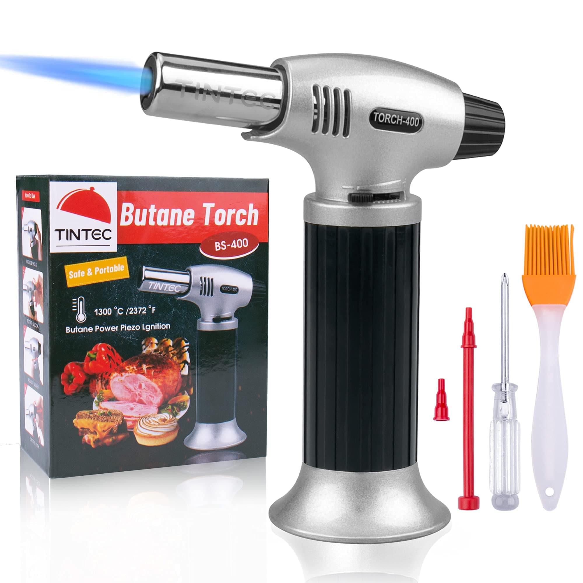 Culinary Blow Torch, Chef Cooking Torch Lighter, Butane Refillable, Flame Adjustable (MAX 2500°F) with Safety Lock for Cooking, BBQ, Baking, Brulee, Creme, DIY Soldering & more (Aluminum alloy)