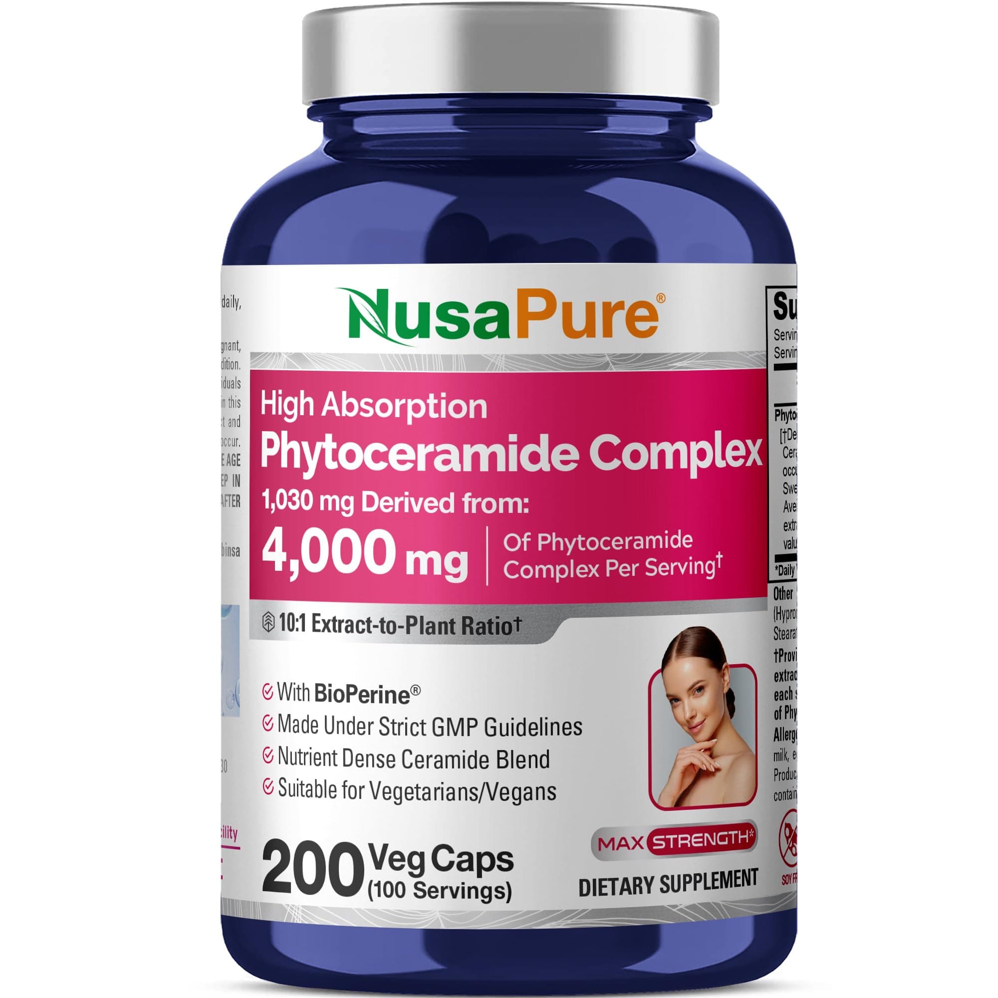 NusaPure Phytoceramide Complex 10:1 Extract, 1030 mg Equivalent to 4000 mg 200 Veggie Capsules (Non-GMO) Bioperine