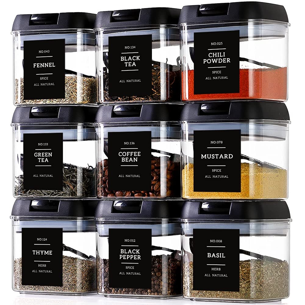 Spice Containers Set: 9 Pcs Large Square Plastic Tea Storage Containers with 148 Spice Labels and 9 Spoons, Airtight, BPA Free, 16 oz