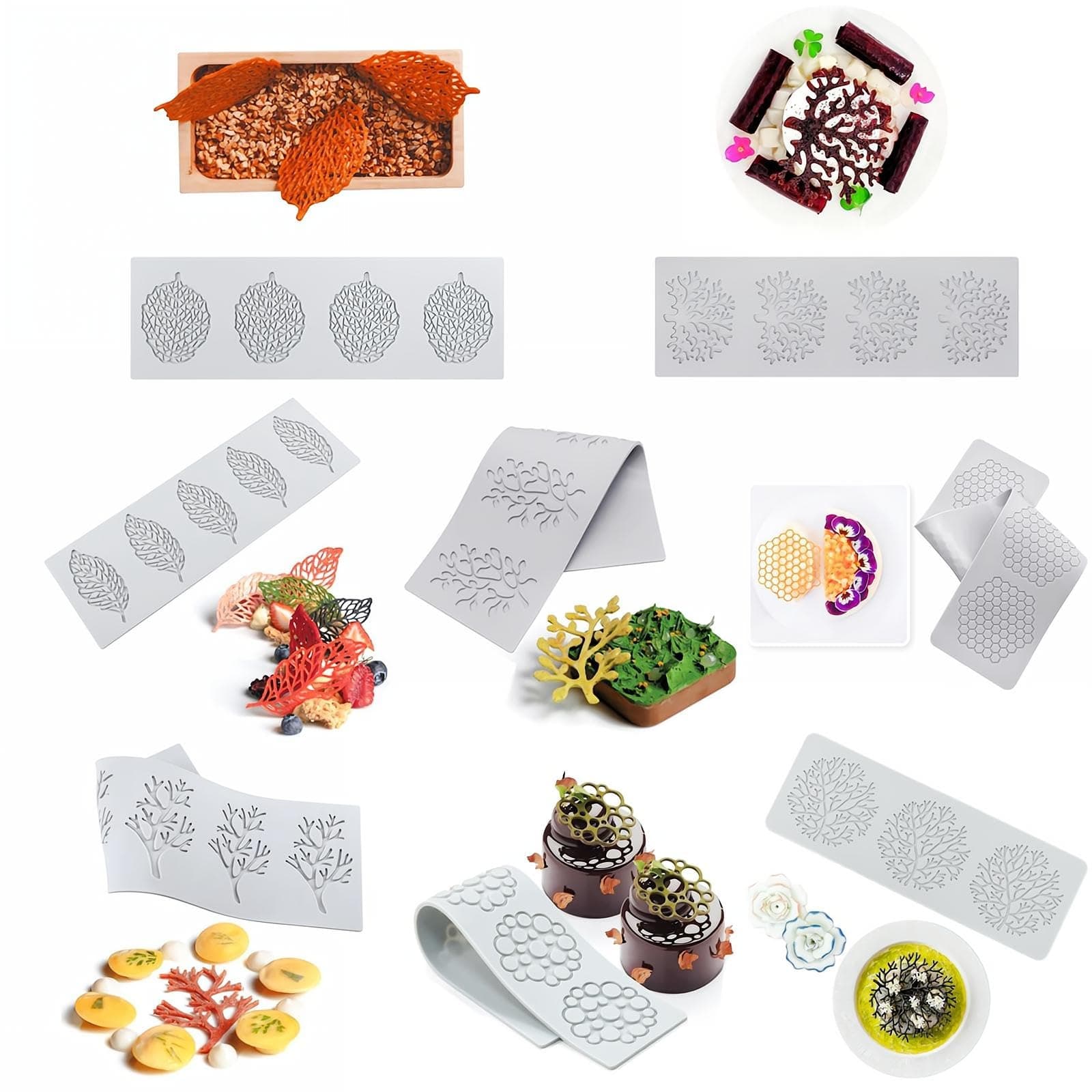 8pcs Silicone Chocolate Molds, Leaf Honeycomb Shaped Candy Baking 3D Silicone Tuile Molds, Fondant Clay Food Molds for Cake Decorating, Resin, Soap, Sugar Craft, Easy to Use and Clean