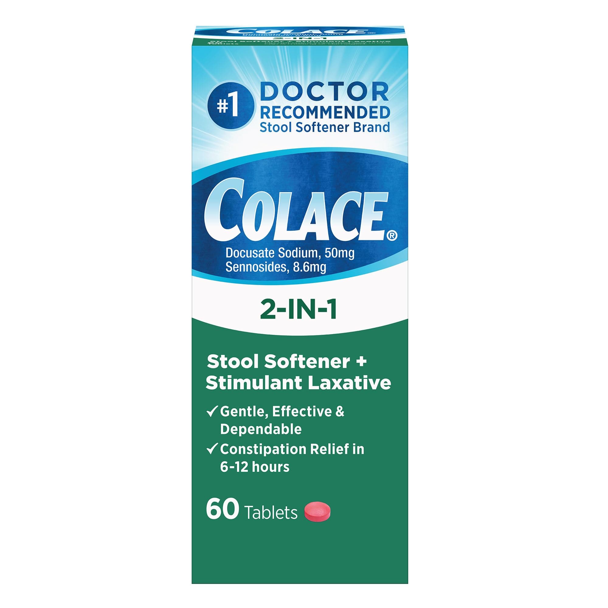 Colace 2-in-1 Stool Softener Plus Stimulant Laxative Tablets, 60 Count (Pack of 1), Gentle Constipation Relief, Docusate Sodium Plus Sennosides