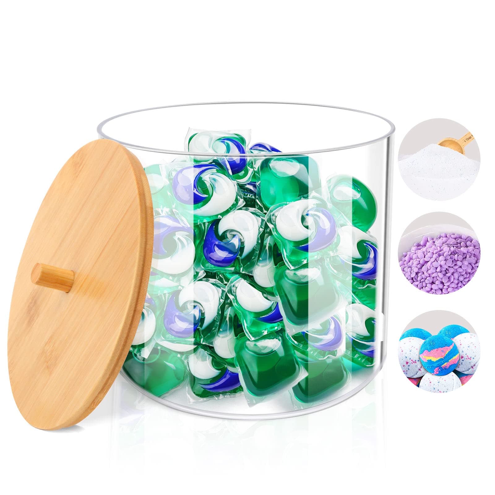 TCJJ Laundry Detergent Storage,High-Capacity Plastic Washing Powder Storage,Bathroom Laundry Powder Storage With Bamboo Lid,Perfect for Washing Pods,Bath Bombs,Scent Booster, White, 16.5x16.5x16.0