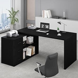 HSH Black Computer Desk with 3 Drawers and 2 Shelves, Reversible Home Office Corner Desk for Writing Study Work Executive, 152 Bedroom Wood Table Workstation Desk with Storage Cabinet