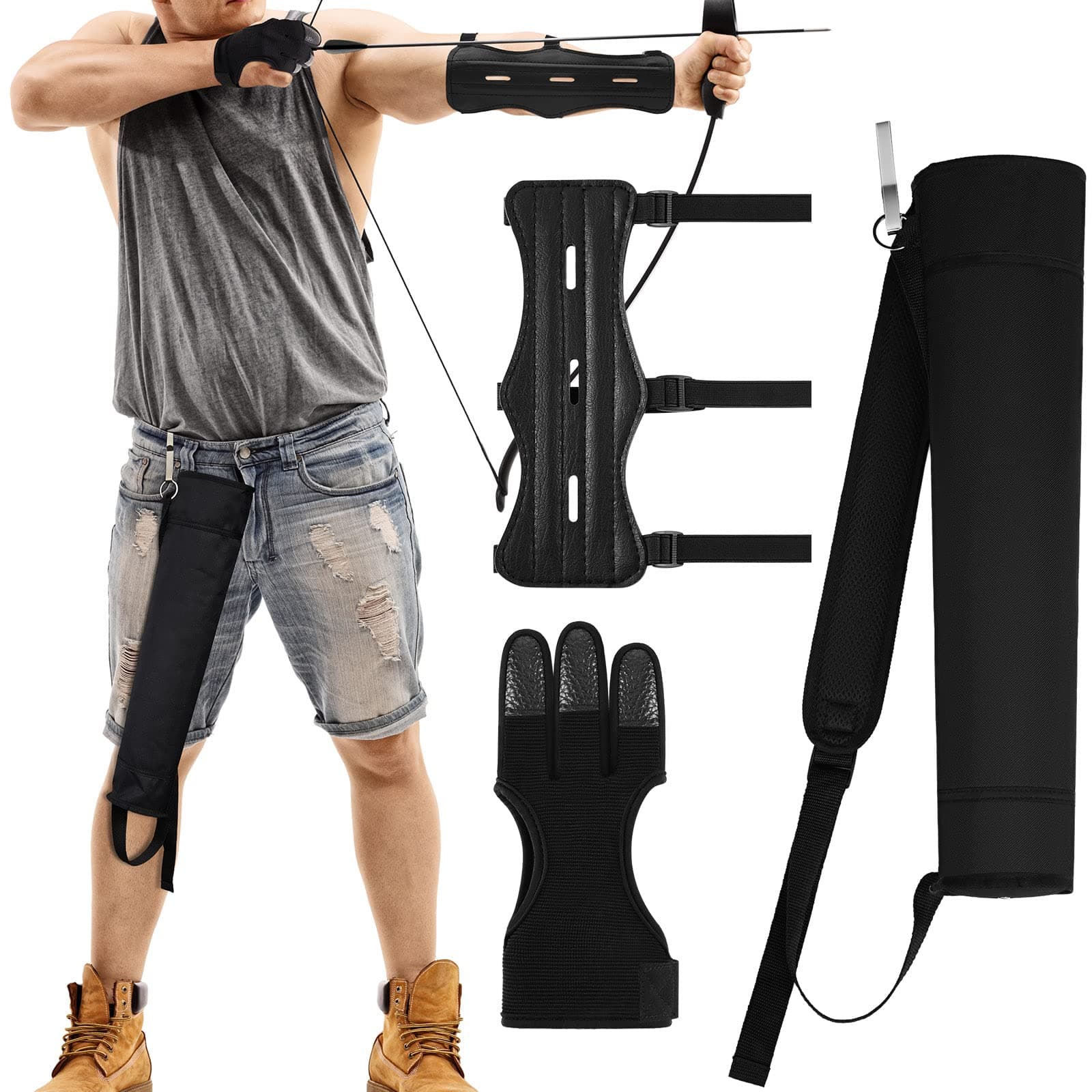 3 Pcs Archery Accessories Including Protective Archery Arm Guard Leather Padded Three Finger Hunting Gloves Back Arrow Quiver Hip Arrows Bag for Men Women Youth Adults Beginners Hunting Shooting