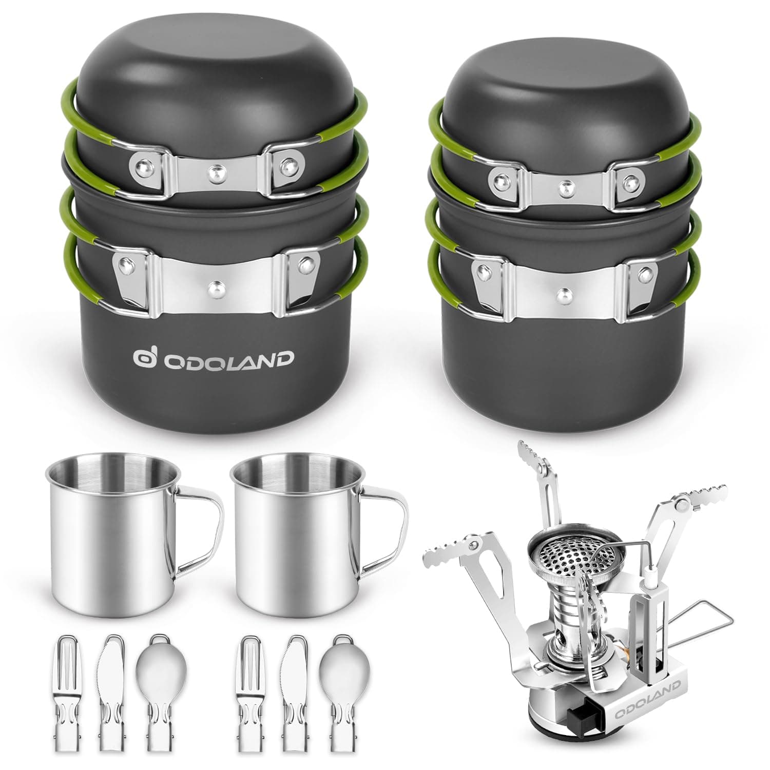 – Odoland Camping Cookware Mess Kit, Camping Pot and Pan Set with Mini Backpacking Stove, Stainless Steel Cup, Spork and Tank Bracket, Cooking Gear for Outdoor, Hiking, Picnic, Campfire