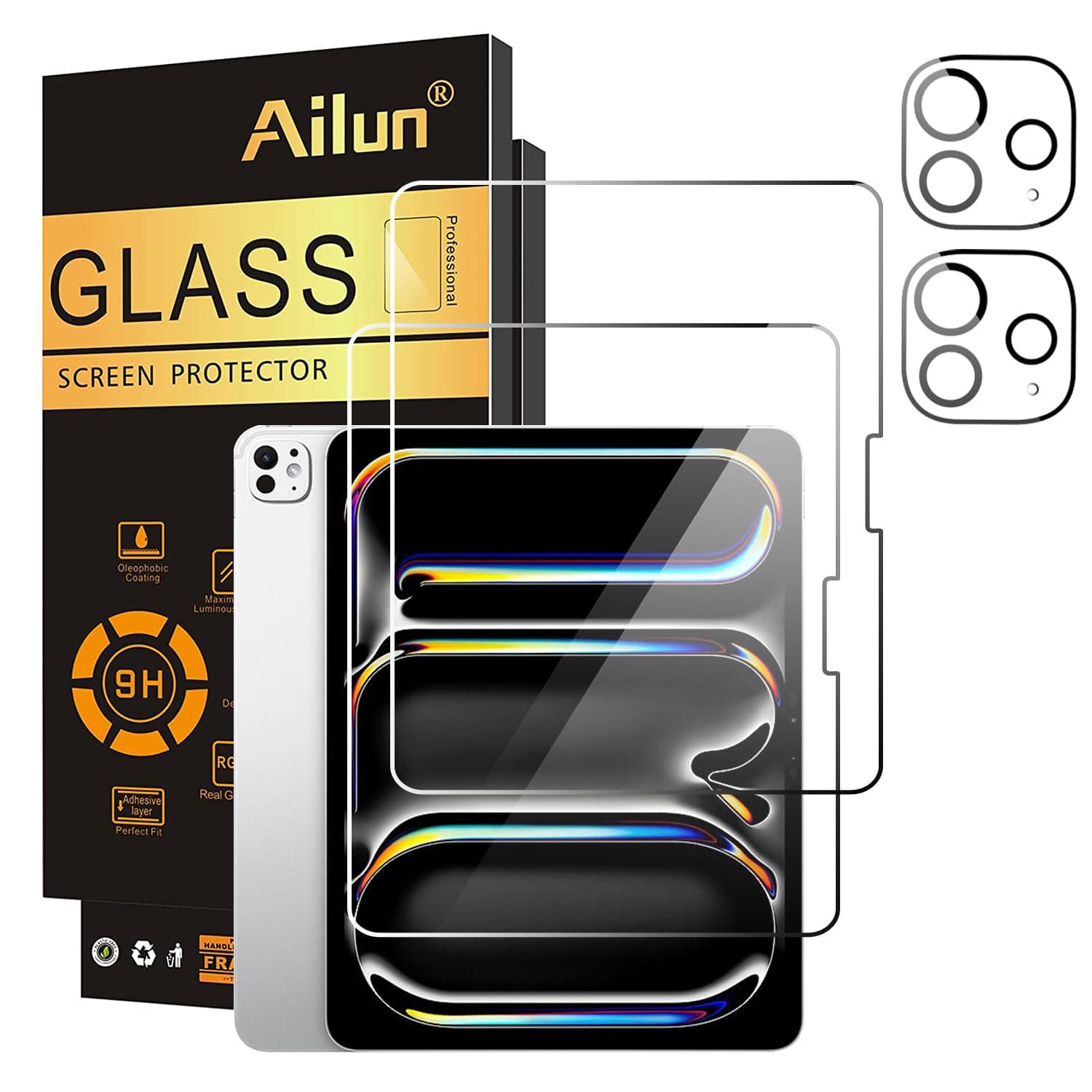 Ailun 2 Pack Screen Protector for iPad Pro 13 Inch 2024 7th Generation + 2 Pack Camera Lens Protector,Tempered Glass Anti-Scratch Case Friendly, Compatible with Face ID Apple Pencil[4 Pack], Clear