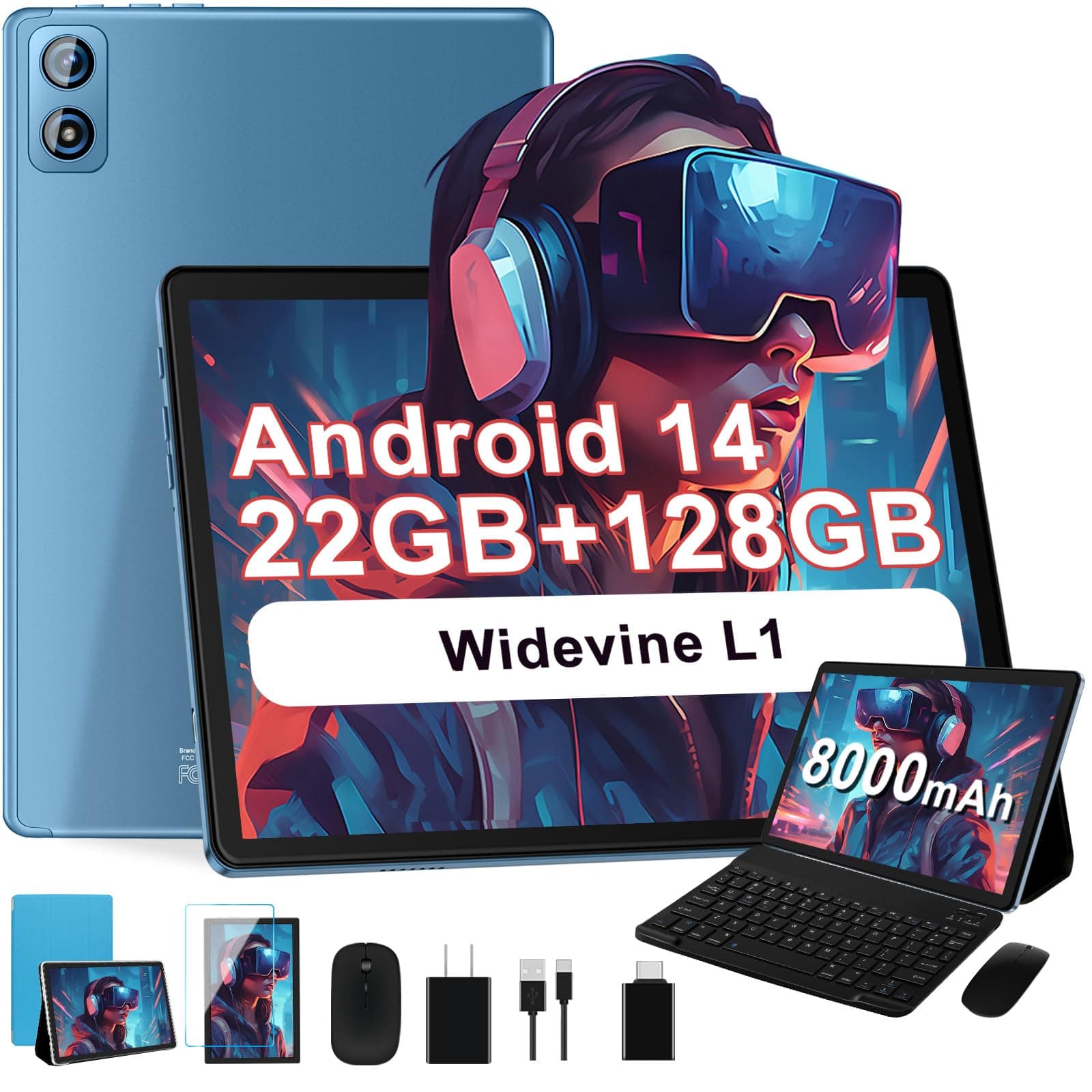 Dghrti 2024 Android 14 Tablet, 22GB + 128G/1TB Tablets 10 Inch with 8000mAh Battery, Octa-Core, GPS, Split Screen, Face Unlock, 2 in 1 Tablet with Keyboard, Mouse