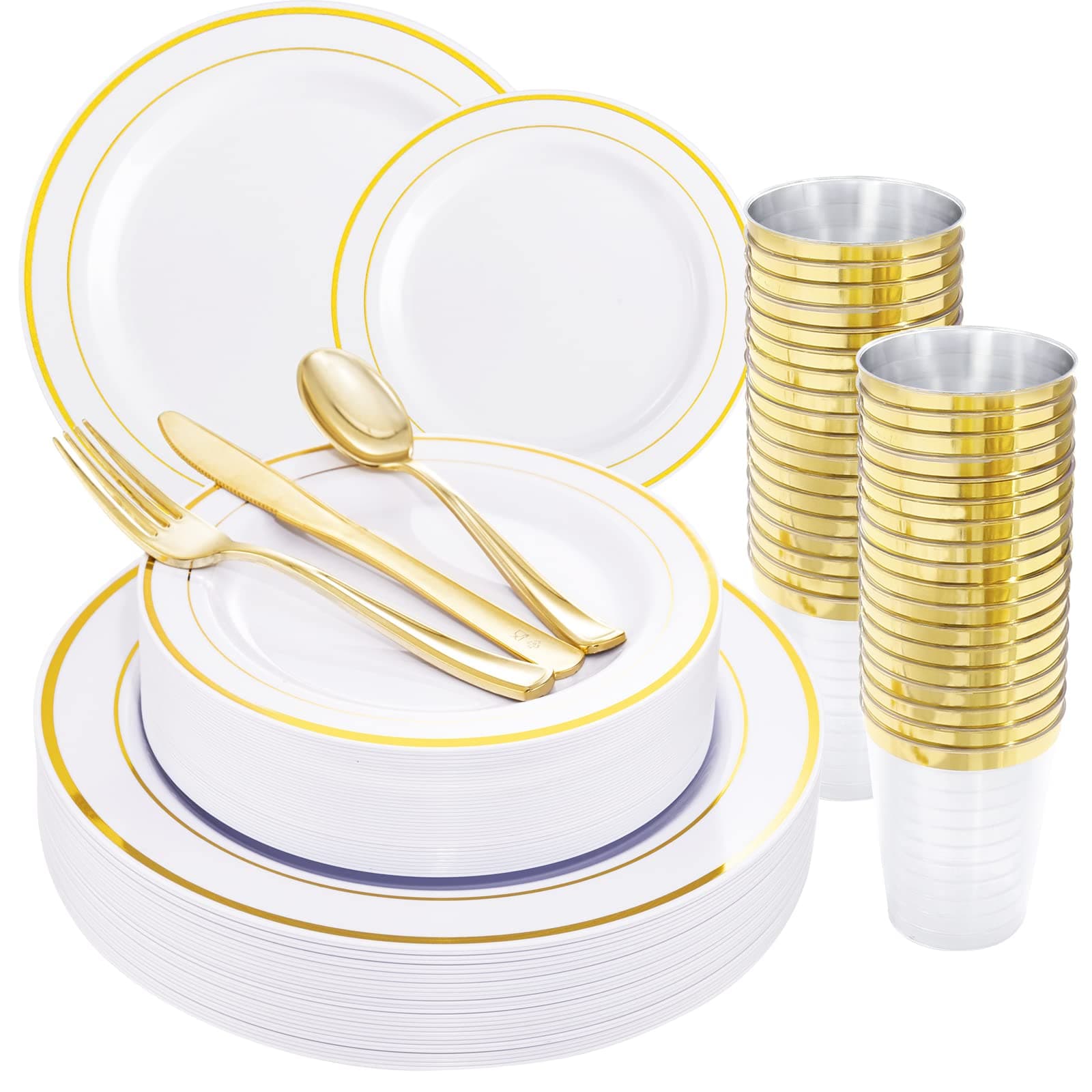 WELLIFE 96 Pcs Gold Plastic Dinnerware Set, Disposable Silverware and Cups, Gold Dinnerware Set, Includes: 16 Dinner Plates 10.25", 16 Dessert Plates 7.5", 16 Cutlery for Party