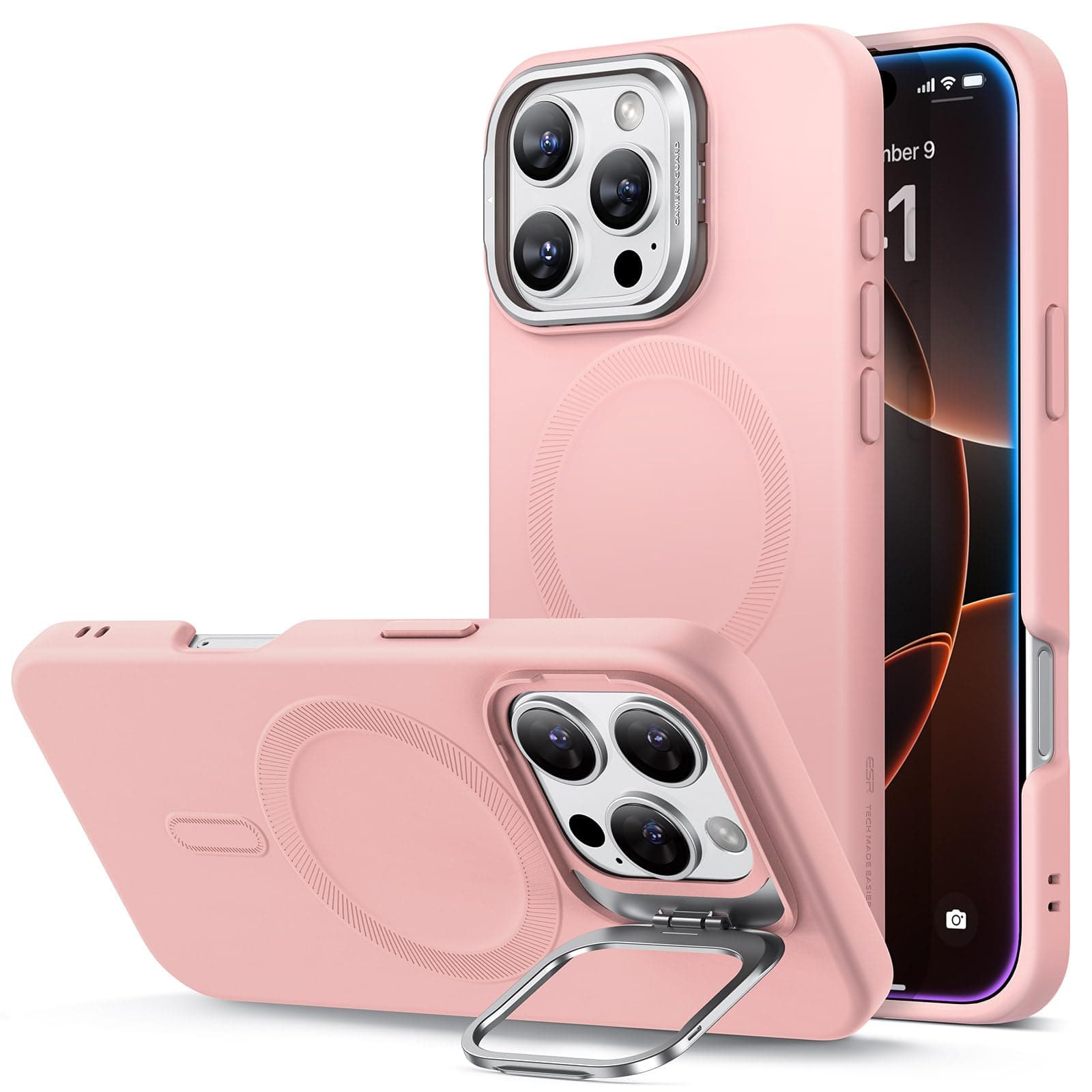 ESR iPhone 16 Pro Case, Silicone Case with Stand, Compatible with MagSafe Military Spec Protection, Built-in Camera Hidden Stand, Magnetic Smartphone Case for iPhone 16 Pro, Cloud Series, Pink