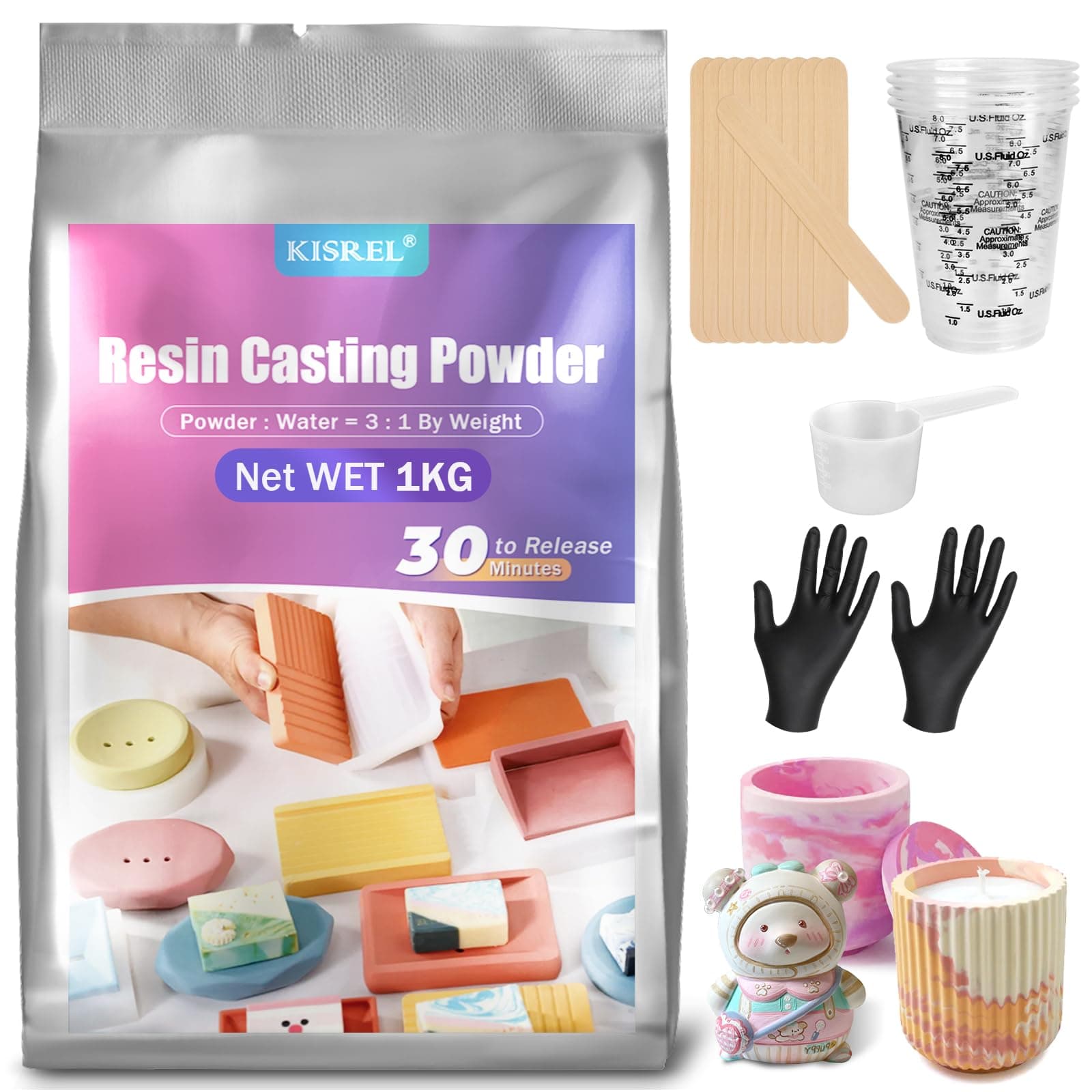 Resin Casting Powder 1000g, Fast Curing Casting Resin Set for Beginners, 20~30 Minutes demolding, Water Activated Gypsum Powder Casting Set for Resin molds, Easy Mixing and self Leveling
