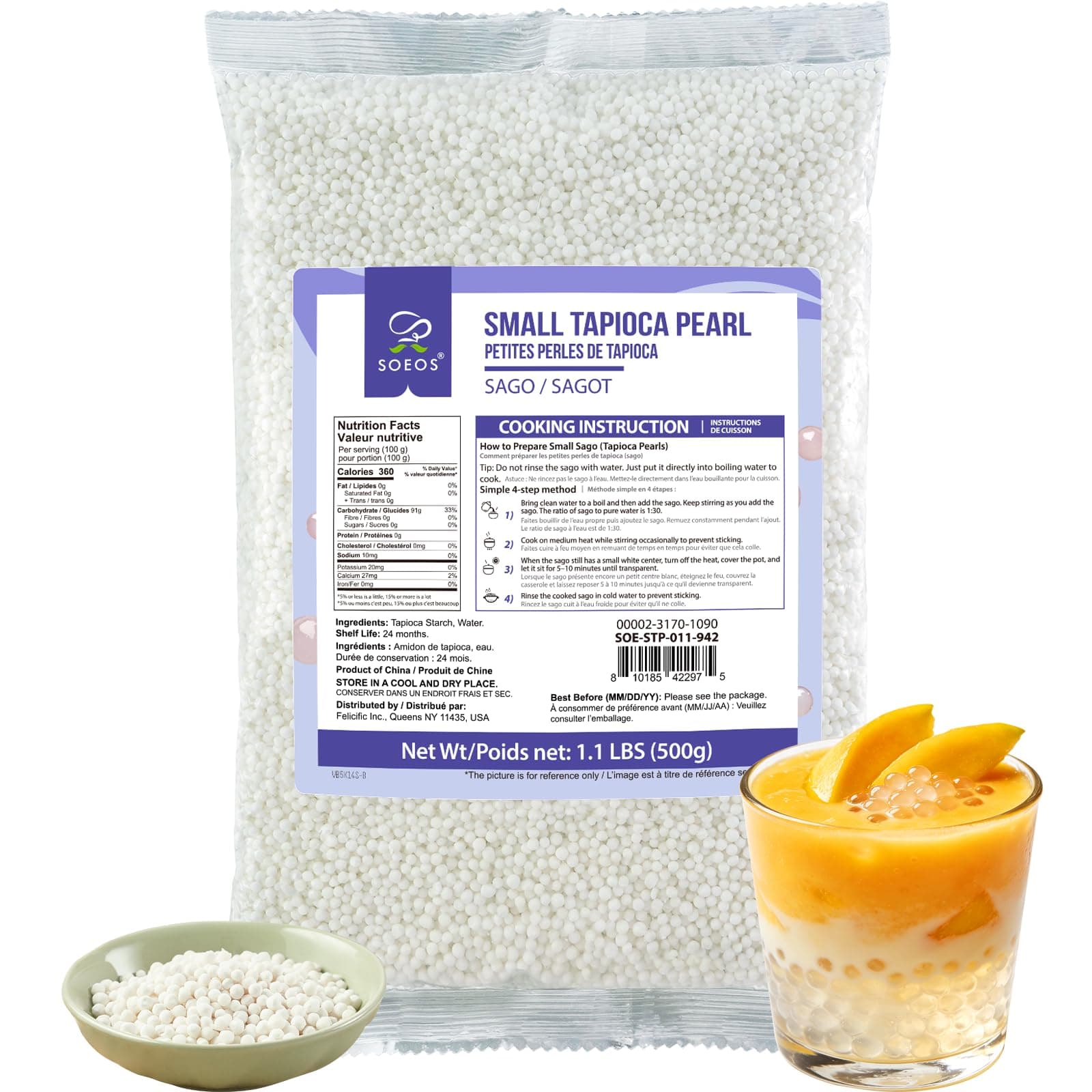 Soeos Sago Tapioca Pearls, 1.1 lbs (500g), Small Tapioca Pearls for Asian Desserts, Bubble Tea, and Puddings, Quick-Cooking Sago Ball, Non-GMO, Gluten-Free