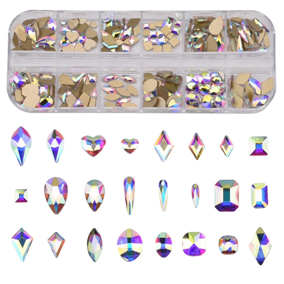 240pcs Popular 12 Styles Flatback Crystals Mix Sizes Multi Shapes Glass Crystal AB Rhinestones for Nail Art Craft 3D Decorations Flat Back Stones Gems Set Box