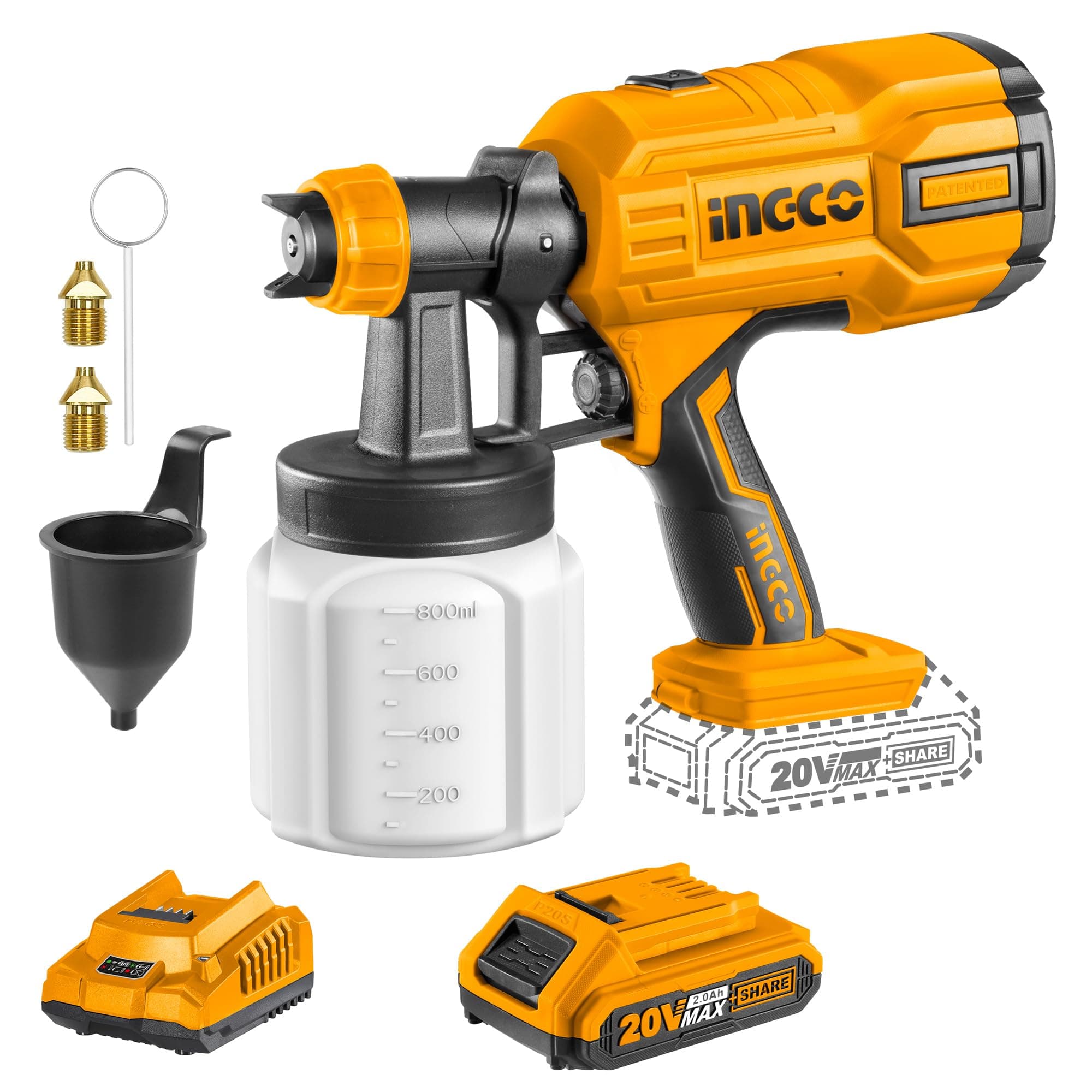 INGCO 20V Paint Spray Machine Cordless, Max Flow 800ml/min Spray Gun, 800ml, 120DIN-s, with Measuring Cup, Nozzles,Battery and Charger, for Painting Wood,Metallic,Walls and Ceilings