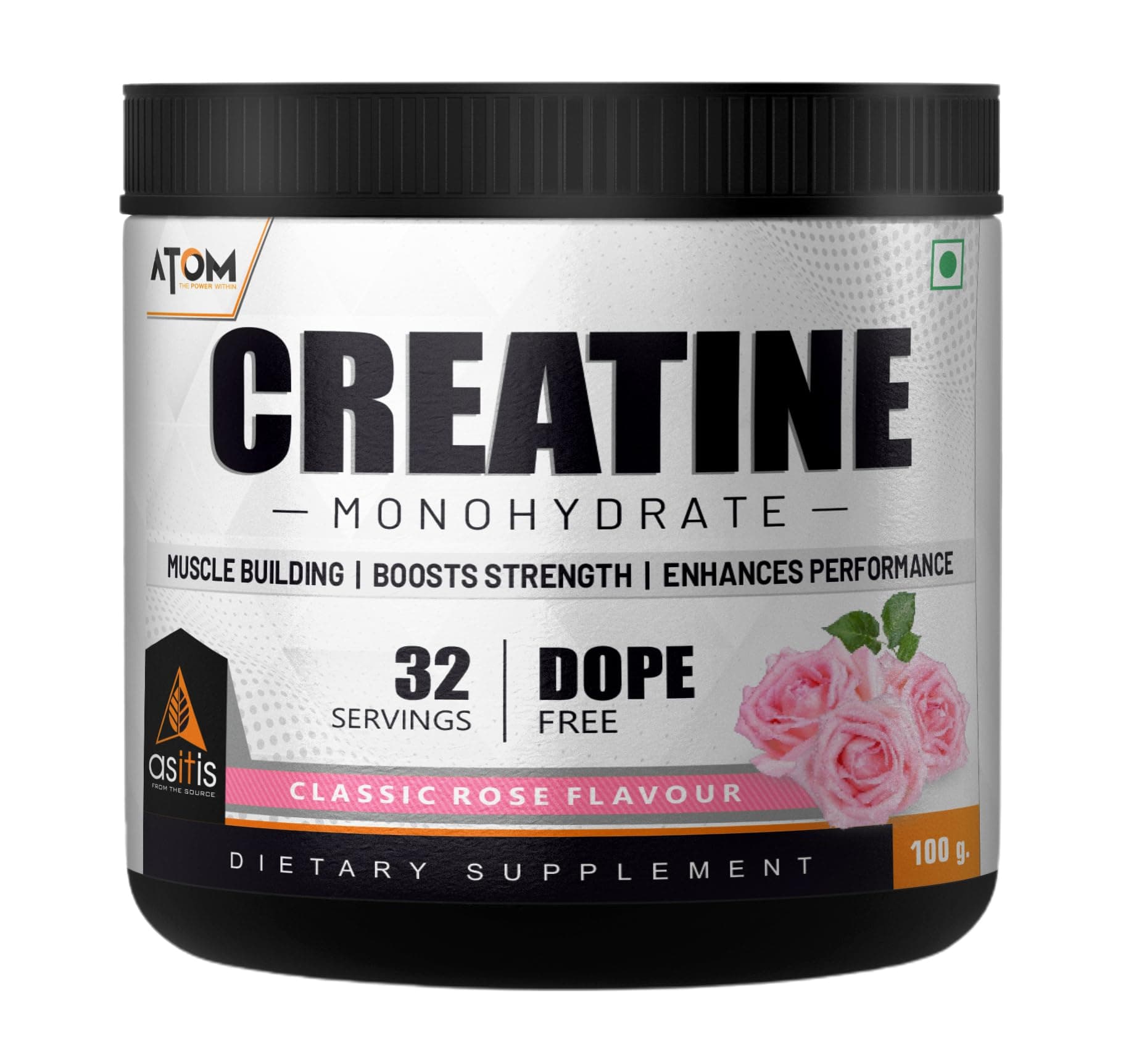 AS-IT-IS ATOM Creatine Monohydrate 100g - 32 Servings, Classic Rose, Dope free, Enhances Performance, Promotes Muscle Gains