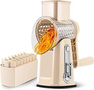 Rotary Cheese Grater,Vegetable Slicer with 5 Interchangeable Blades,Strong Suction Base,Rotary Drum Grater&Food Shredder for Kitchen,with Blade Storage Box-Ideal for Cheese,Cucumber,Carrot,Nut