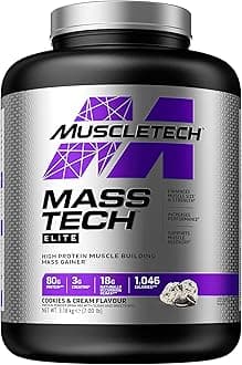 MassTech Elite Protein Powder, Weight & Muscle Mass Gainer, Whey Isolate Mass Protein Powder With 3g Creatine, 80g Protein, 18g BCAA, 14 Servings, 3.2kg, Cookies & Cream