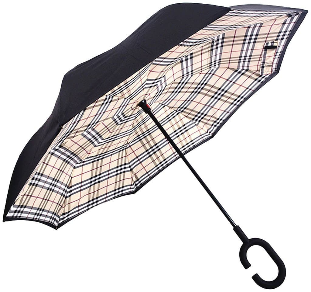 Inverted Umbrella by Satchpro, Reverse Open Windproof Umbrella with C-Shaped Handle & Carrying Case (Khaki Plaid)