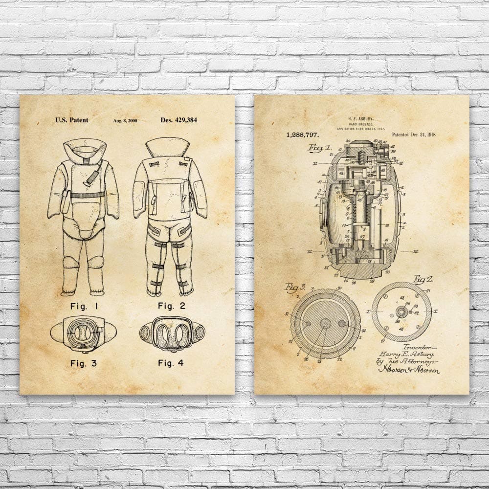 EOD Bomb Squad Patent Prints Set of 2, EOD Technician Gift, Law Enforcement Art, Soldier Gift, Blast Suit Blueprint Vintage Paper (8 inch x 10 inch)
