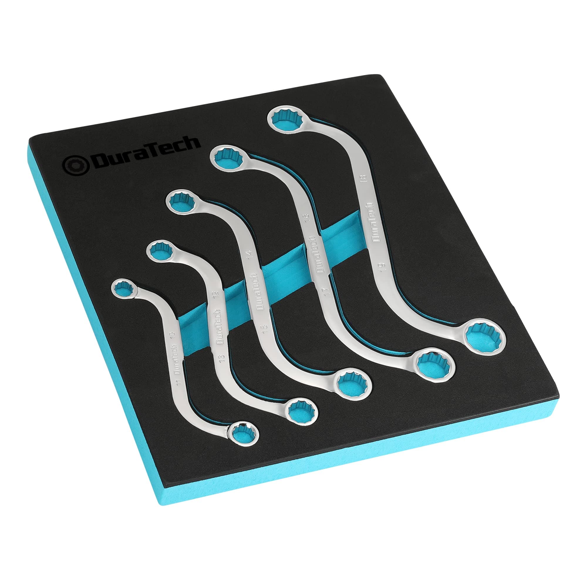 DURATECHDouble Ring Spanner Set S-Type Obstruction Spanner Double Box End Wrench Set, Metric, 5-Piece, 10mm to 19mm, 12 Point, Chrome Vanadium Steel, with EVA Foam Tool Organizer